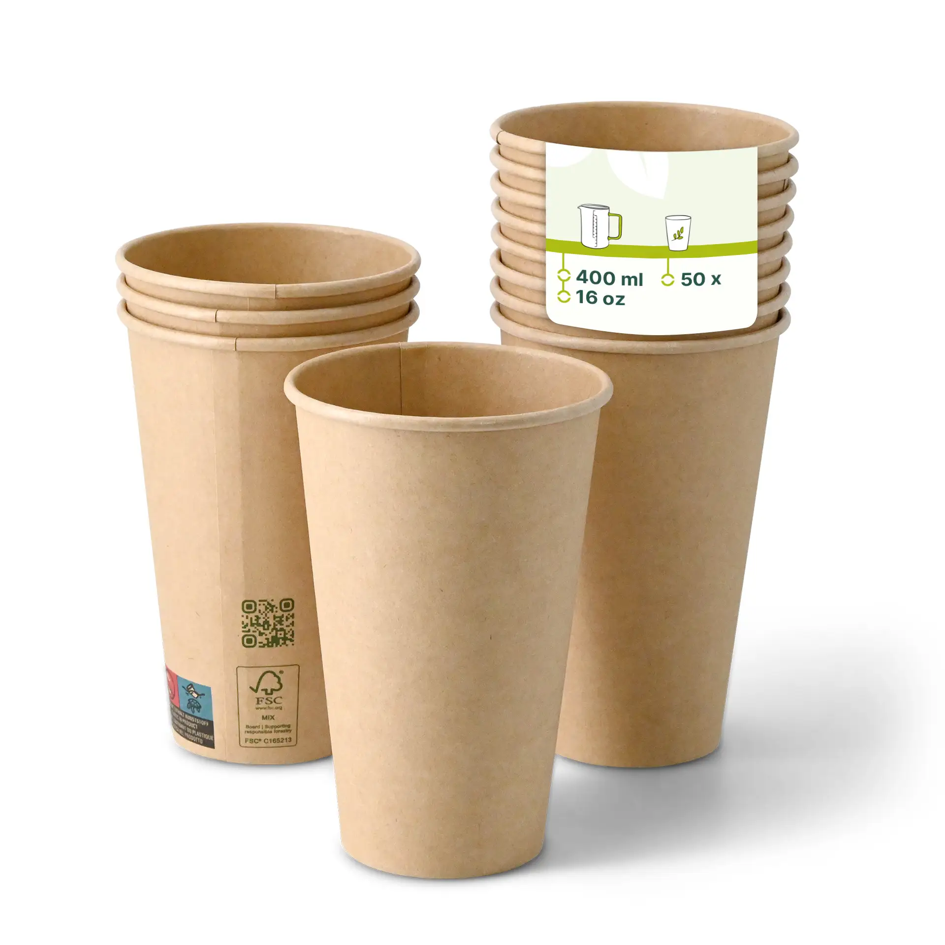 Bicchiere di carta marrone a parete singola, 400 ml (16 oz), rivestito in PLA per bevande calde e fredde; impilato con un'etichetta che mostra i dettagli.
