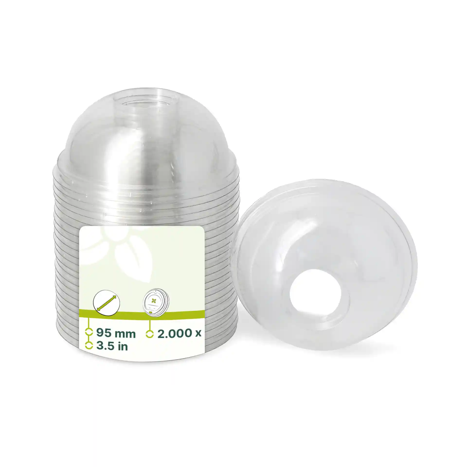 Coperchi dome in rPET trasparenti con foro per cannuccia, diametro 95 mm, impilati con un coperchio accanto alla pila.