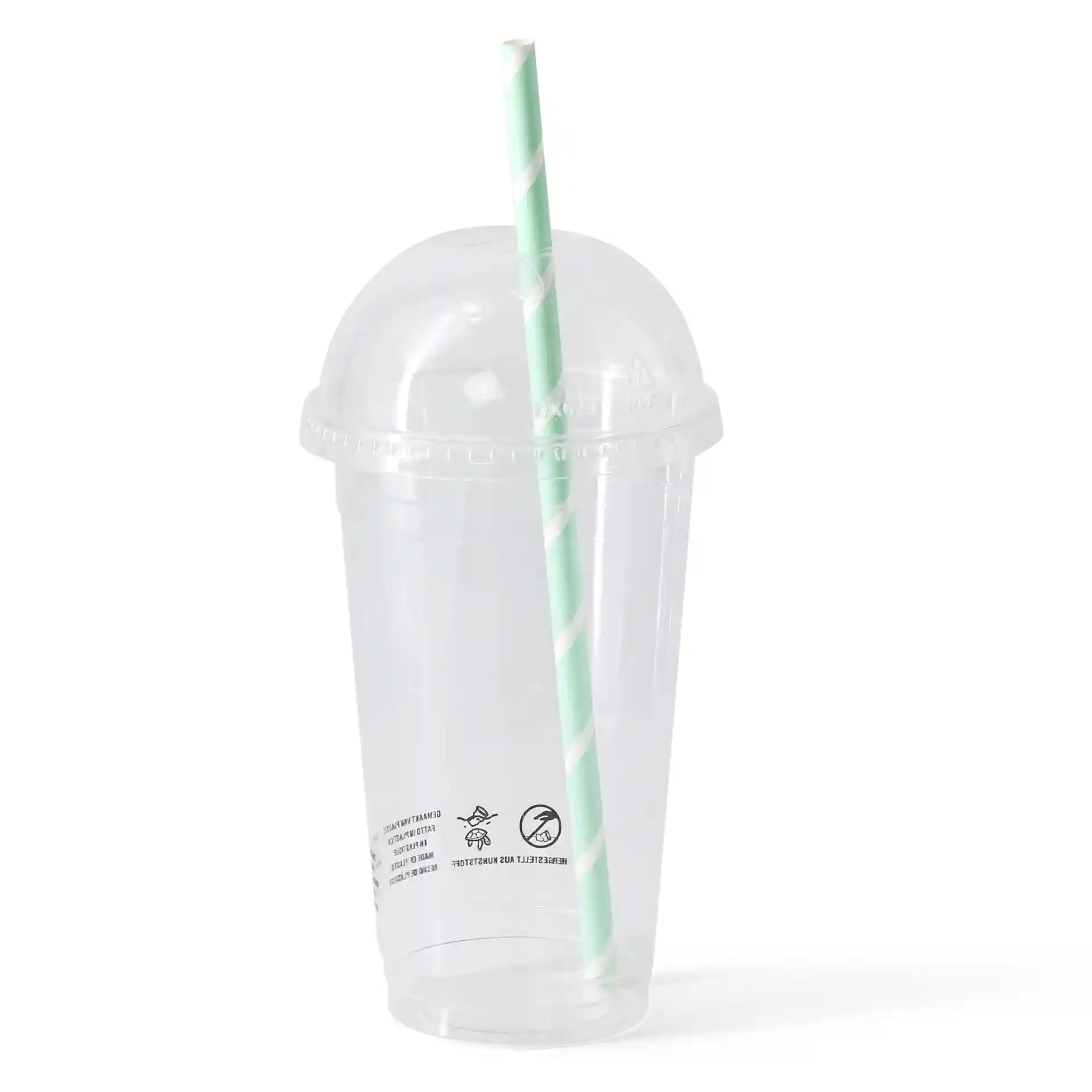 Bicchiere di plastica trasparente con coperchio a cupola e cannuccia a righe verdi, diametro di 95 mm in alto.