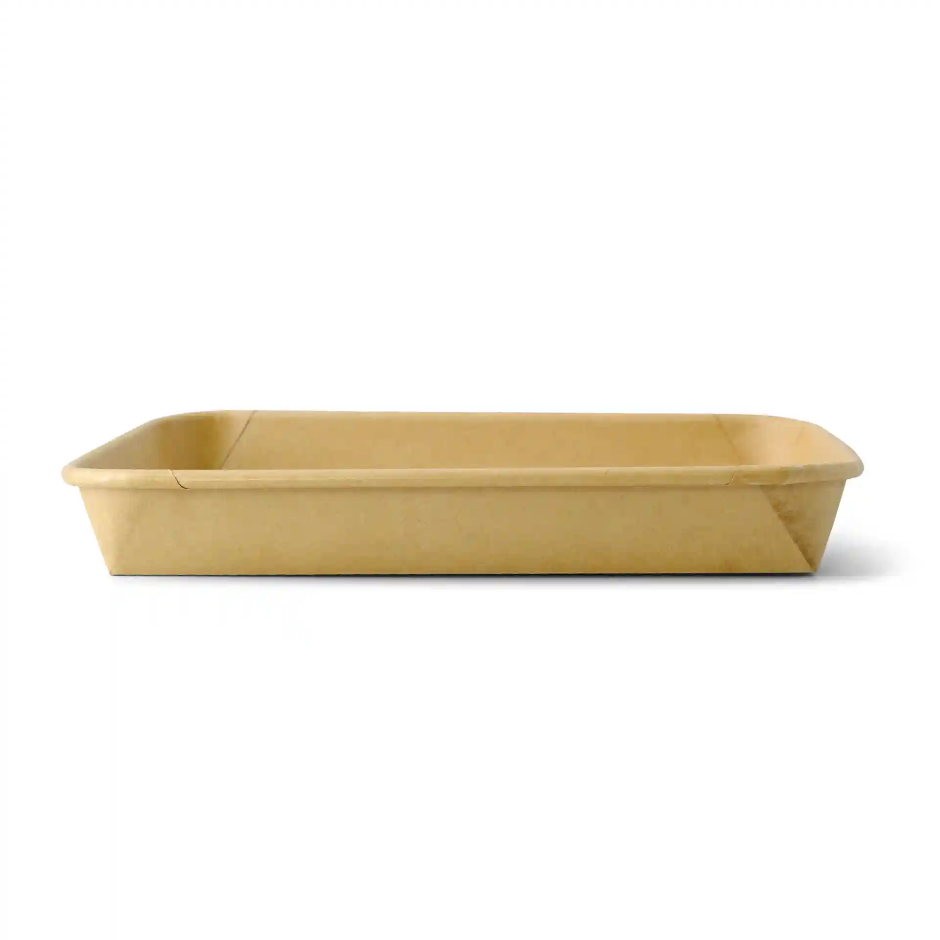 Scatola di sushi marrone di forma rettangolare, misura 18,5 x 13 x 2,5 cm, con bordi arrotondati.