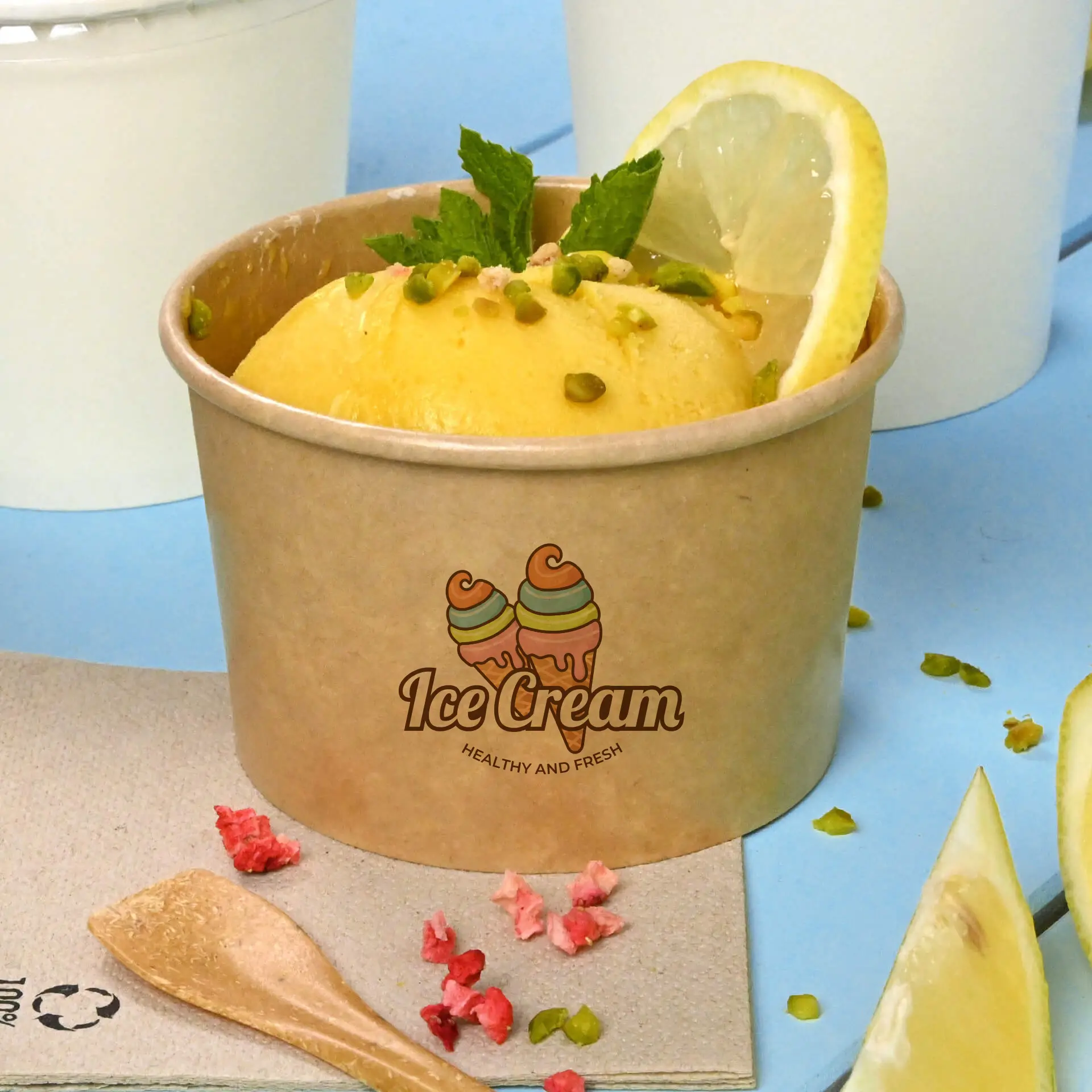 Cup gelato marrone personalizzato con una pallina di gelato al limone, guarnito con menta e pistacchi.