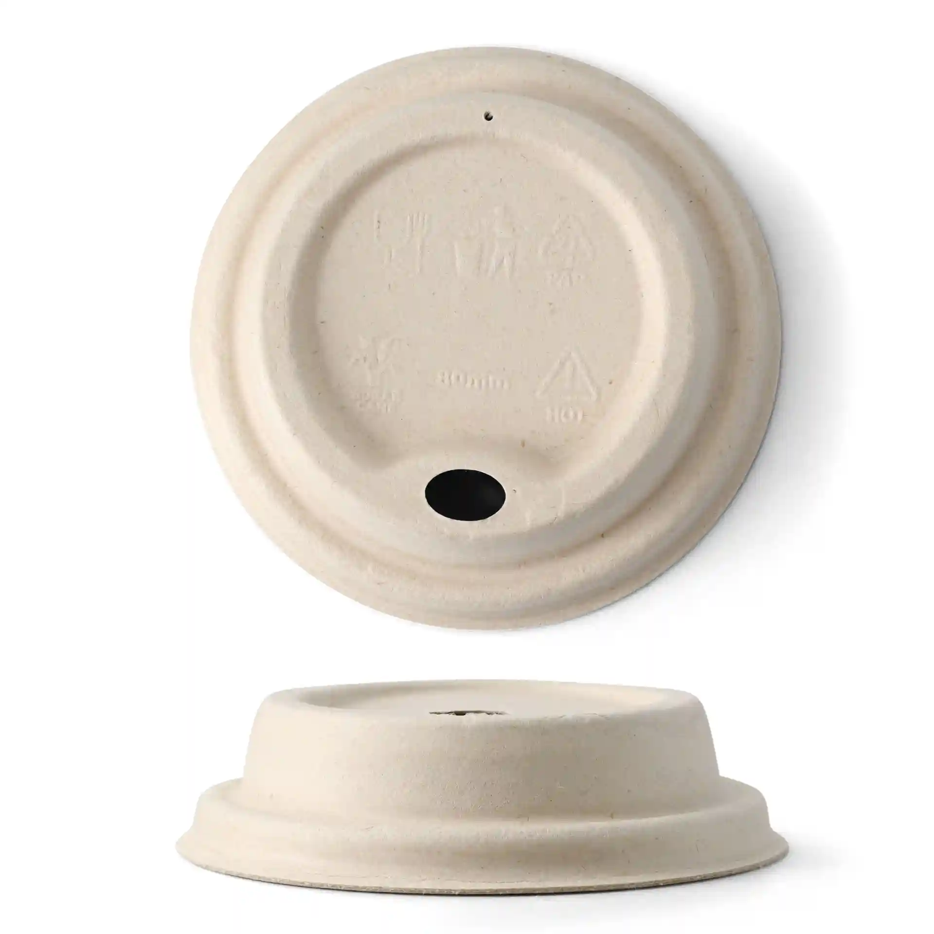 Coperchio in canna da zucchero marrone per bicchieri di carta, diametro 80 mm, con foro e altezza di 22 mm.