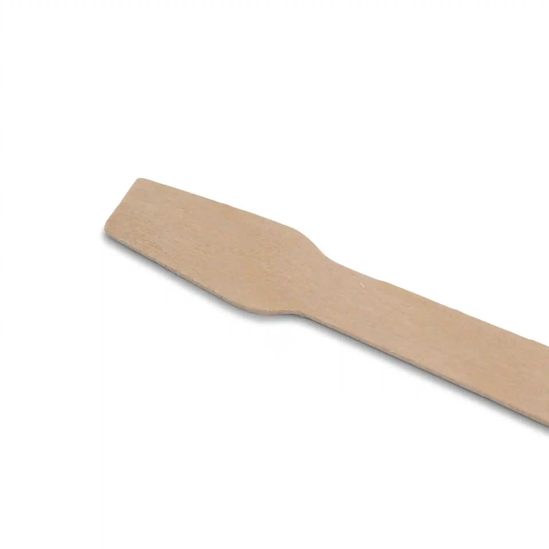Cucchiaio di legno per gelato, lungo 9,6 cm, con un'estremità piatta e finitura in legno marrone.