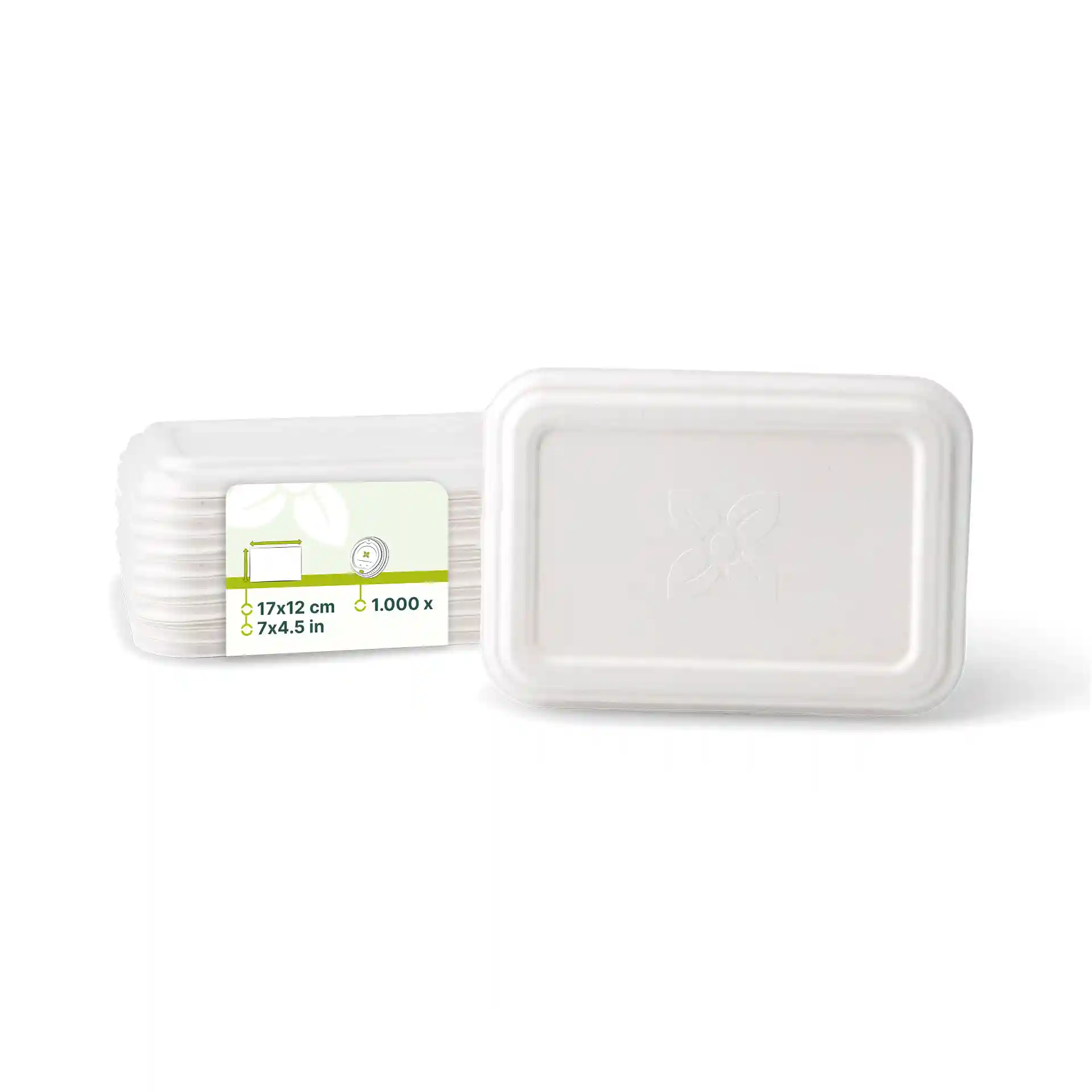 Coperchio rettangolare bianco in canna da zucchero di 17 x 12 cm, mostrato con diversi articoli simili dietro.