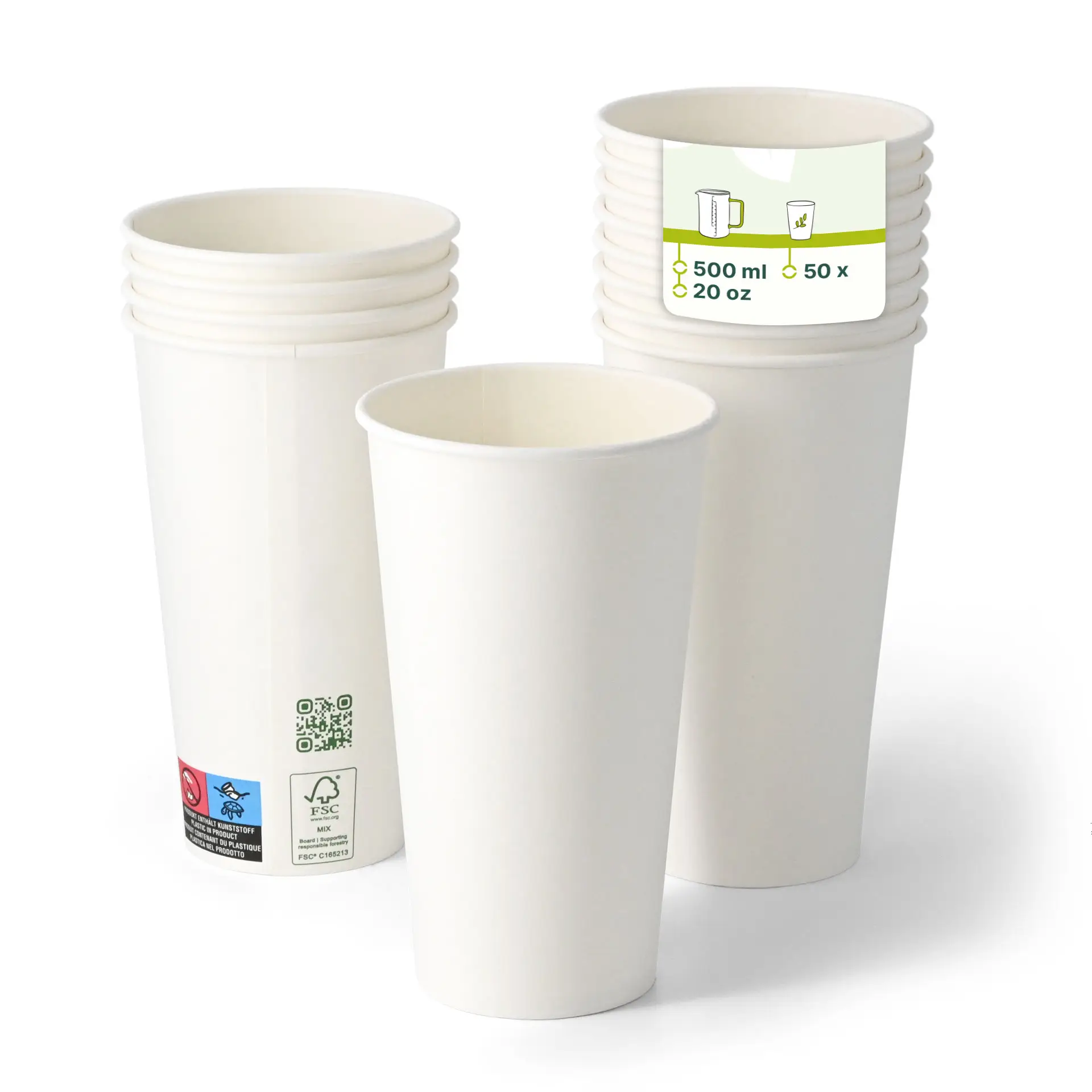 Bicchieri di carta bianchi a parete singola con rivestimento PLA, adatti per bevande calde e fredde, impilabili, capacità di 500 ml.