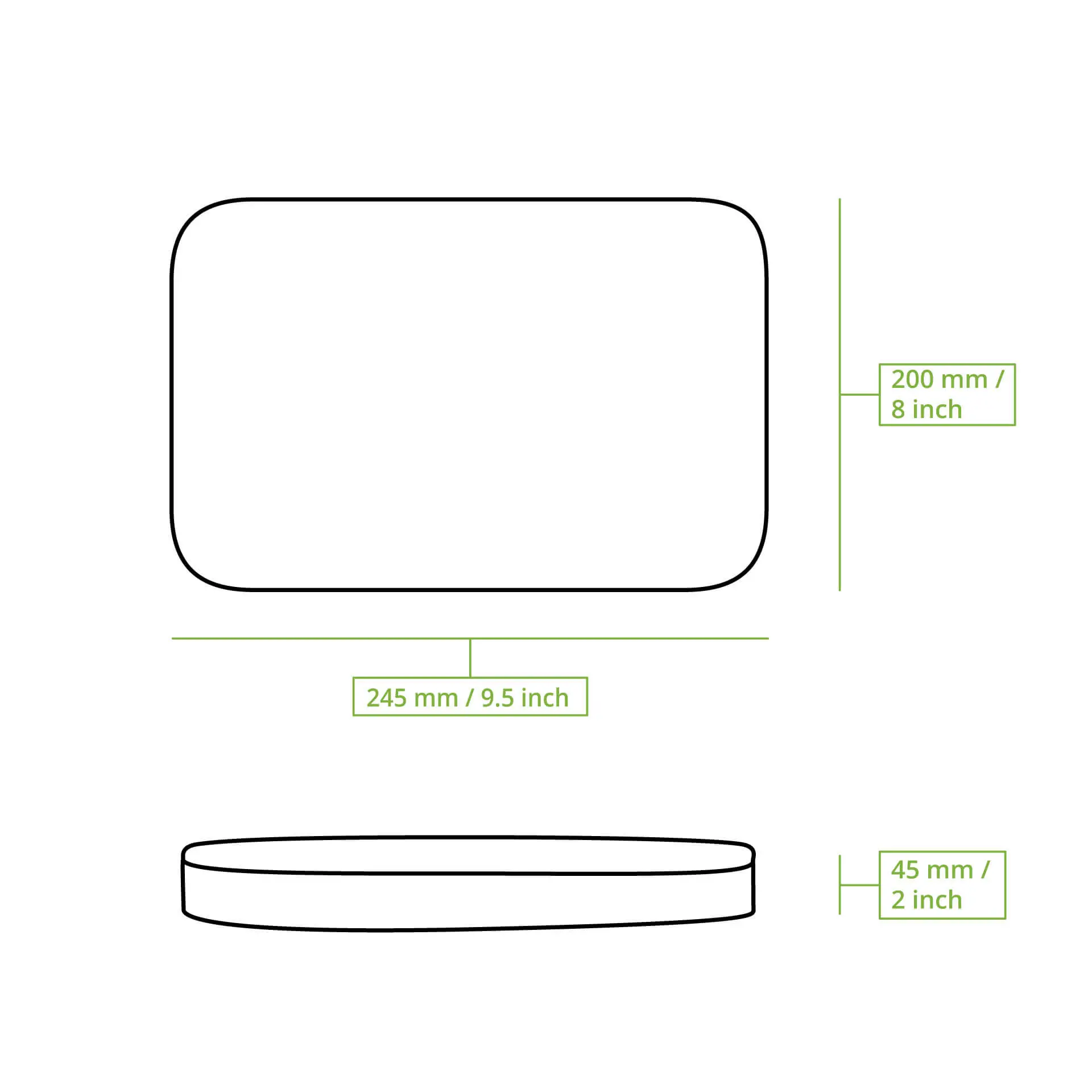 Disegno schematico di un contenitore rettangolare con dimensioni di 245 mm per 200 mm e altezza di 45 mm.