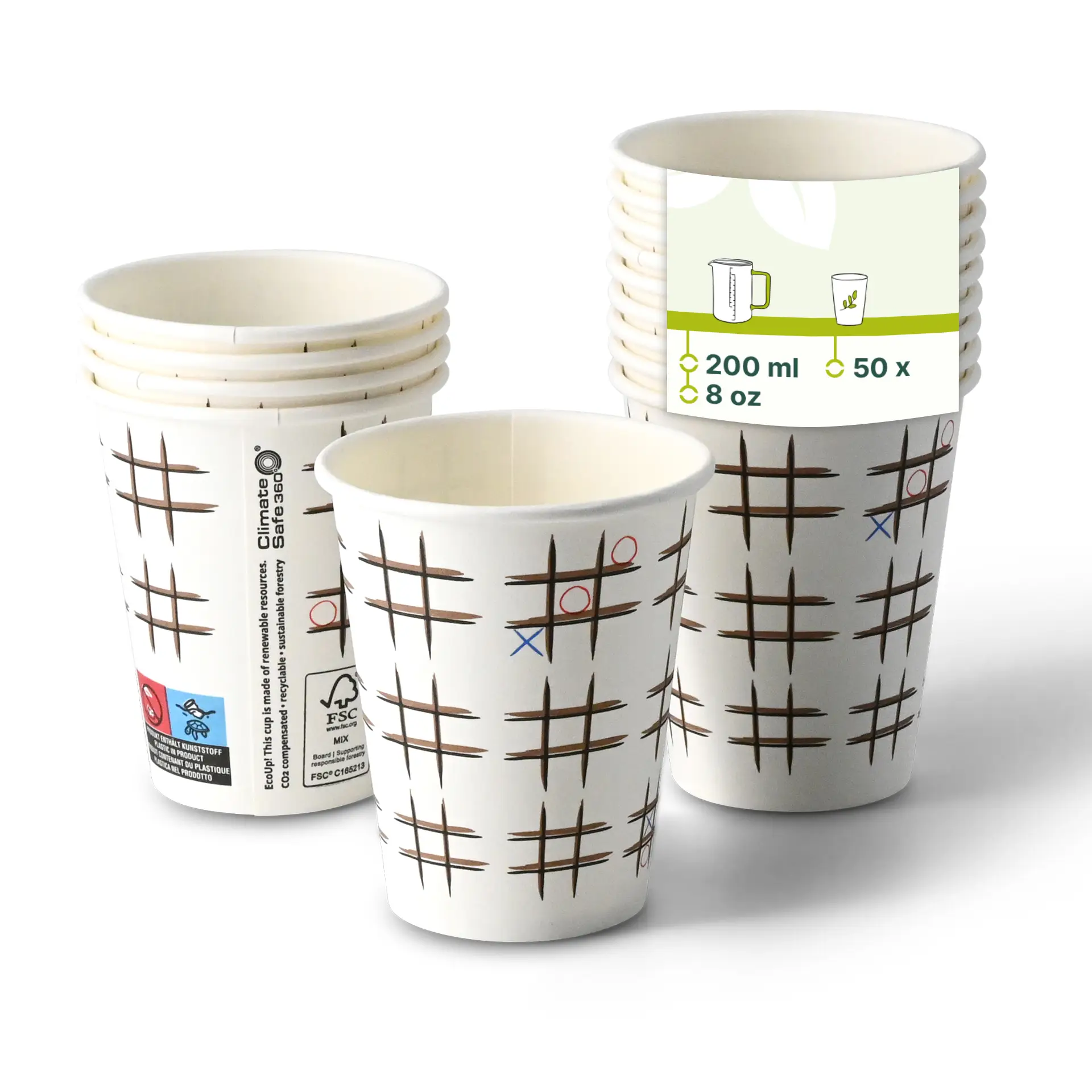 Un bicchiere di carta bianco con una stampa giocosa "Tic Tac Toe" a fuoco; diversi bicchieri simili mostrati dietro con opacità inferiore.