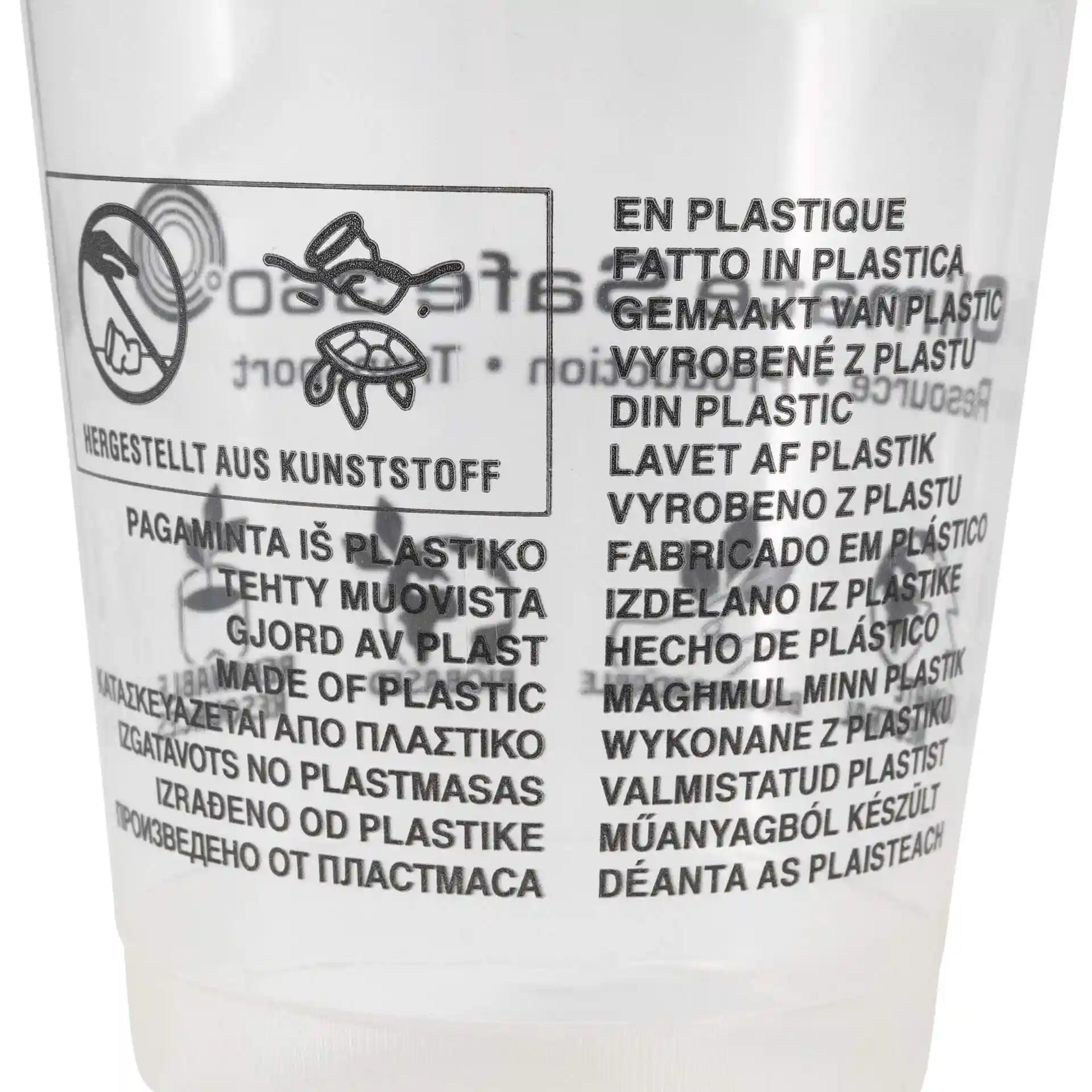 Bicchiere trasparente con etichette e simboli multilingue stampati, realizzato in PLA, capacità di 16 oz.