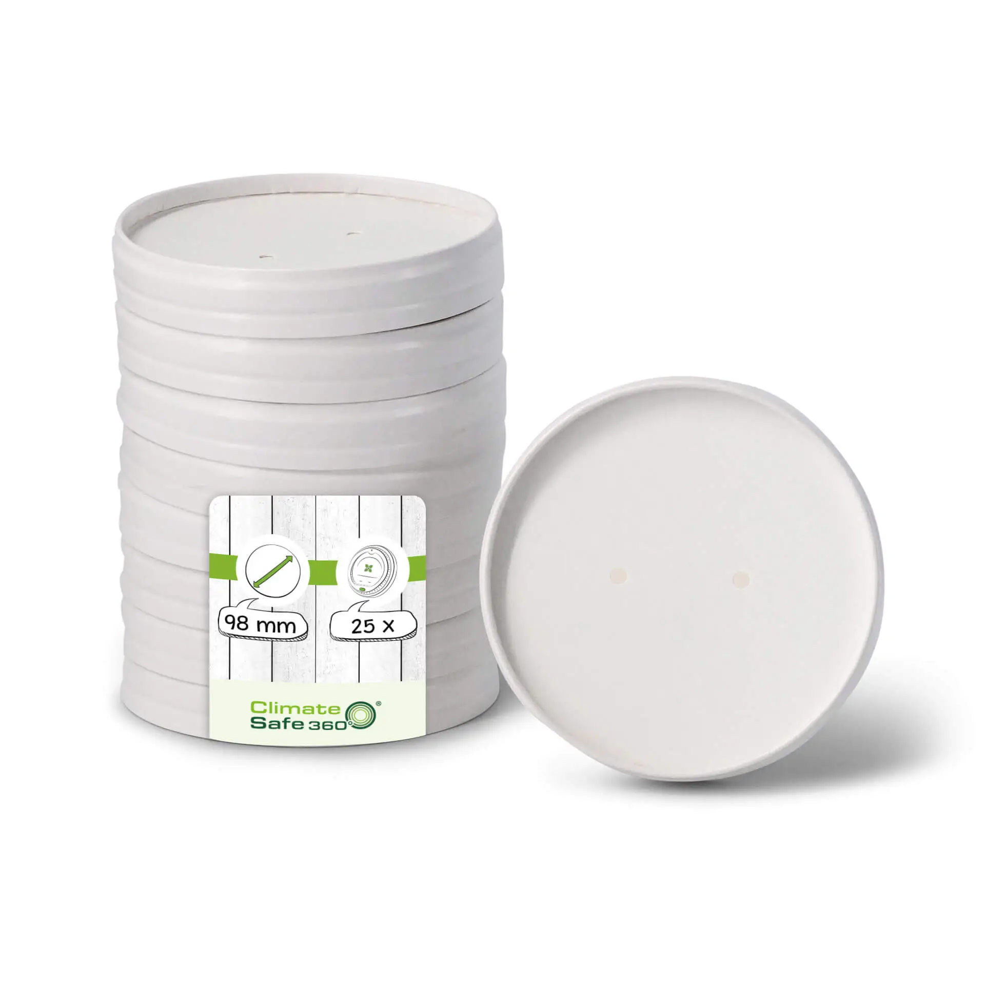 Coperchio in membrana di carta, diametro 98 mm, bianco; due fori per la fuoriuscita del vapore; adatto per piatti liquidi e grassi.