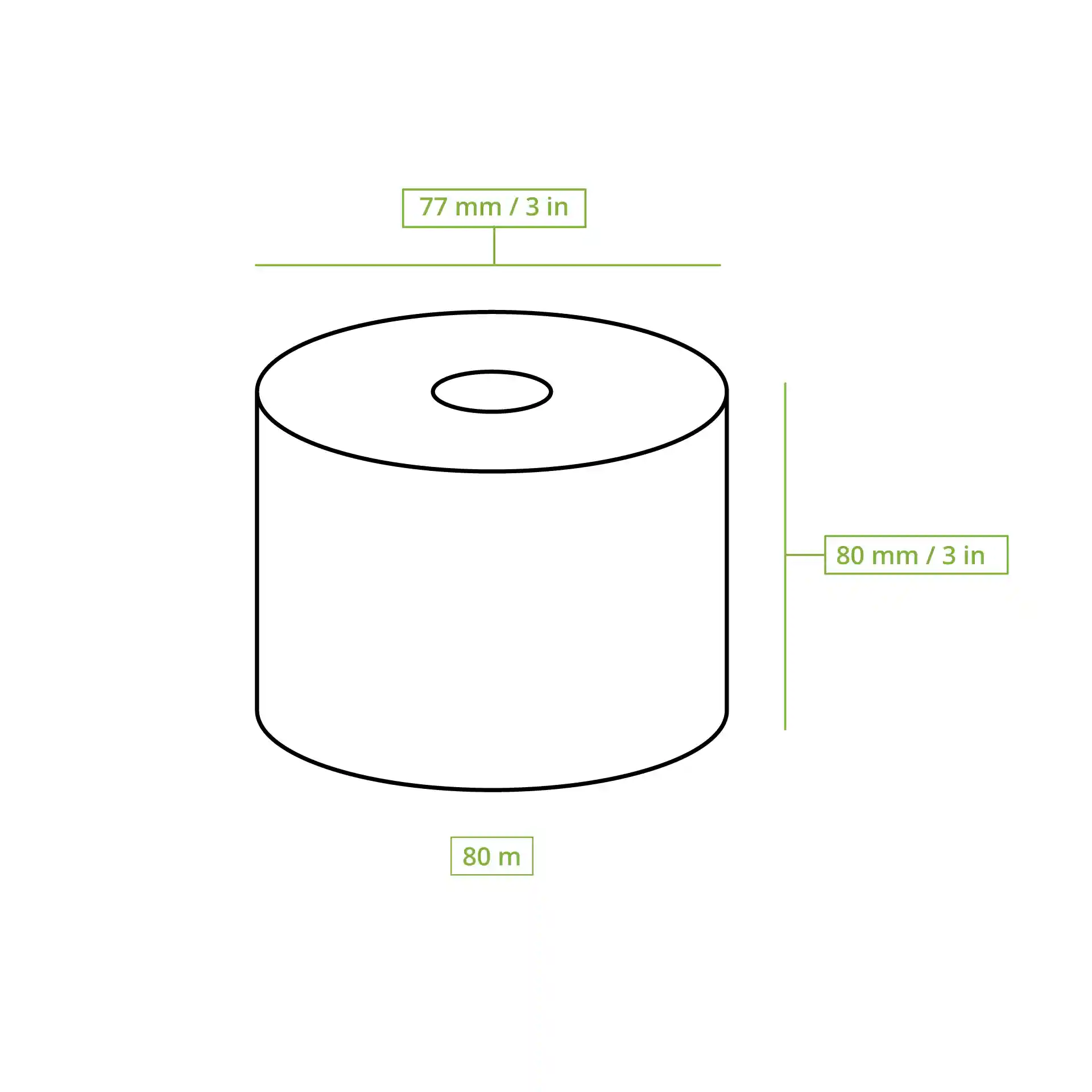 Disegno schematico di un rotolo di carta termica con diametro di 77 mm, altezza di 80 mm e lunghezza di 80 m.
