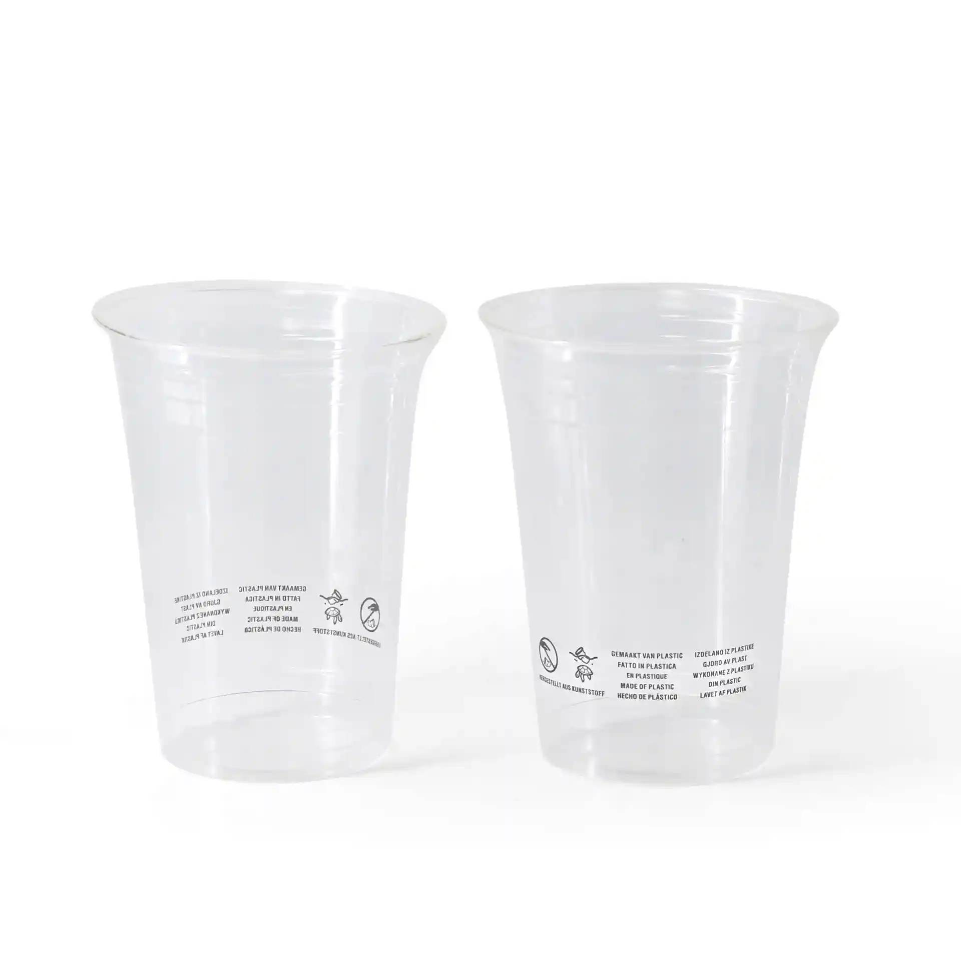 Bicchieri in plastica PLA trasparente, capacità di 400 ml, con segni visibili sul lato, mostrati due bicchieri.