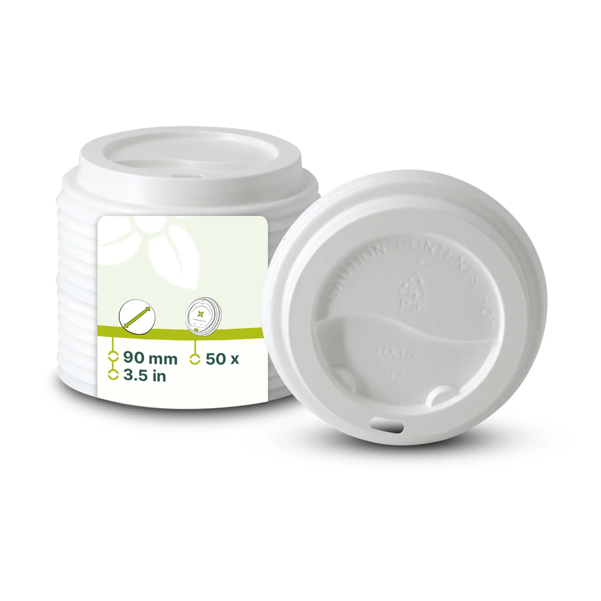 Coperchio in PS bianco con diametro di 90 mm; progettato per bevande calde e fredde; dotato di foro per bere.