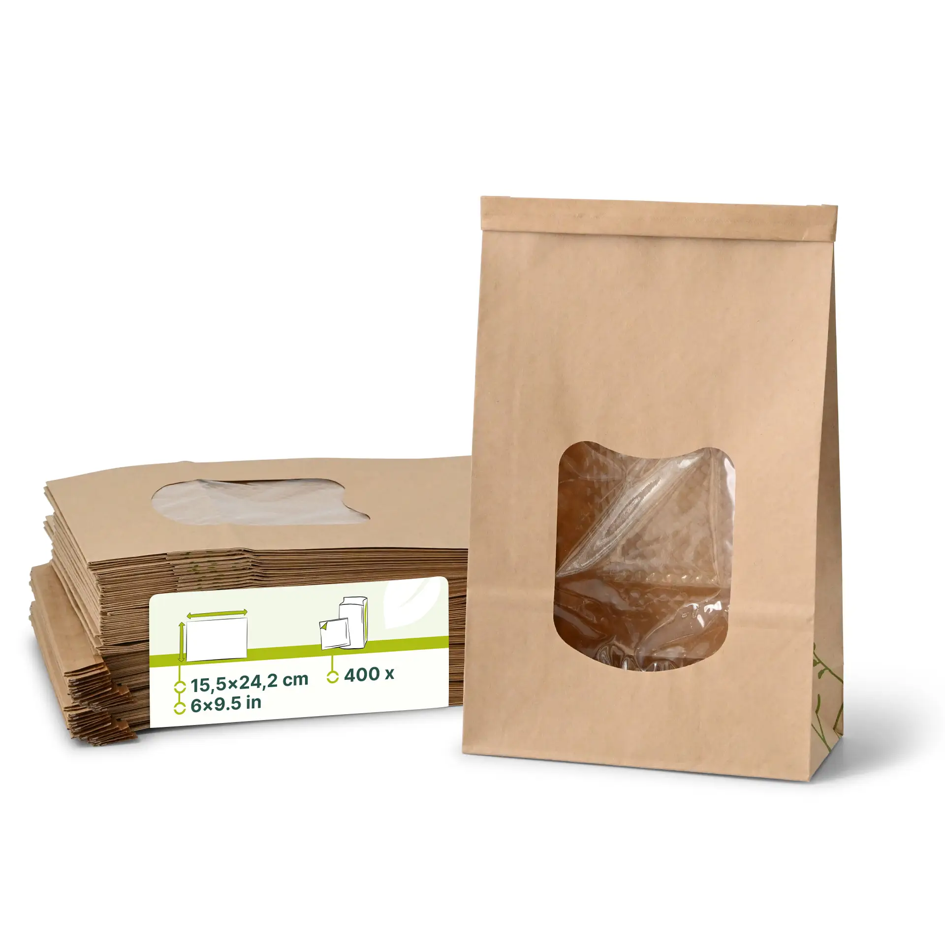 Blockbeutel m. Fenster L, 15,5 x 7 x  24,2 cm, PLA-Folie, braun, Clipband, Kraftpapier