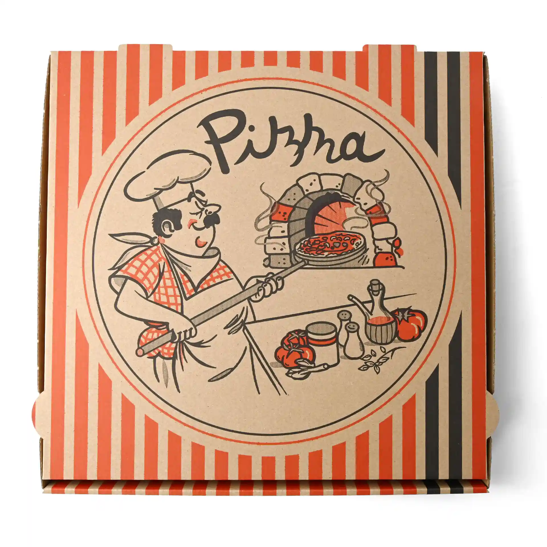 Scatola per pizza con design di chef pizzaiolo, colore marrone, dimensioni 32 x 32 x 4 cm.