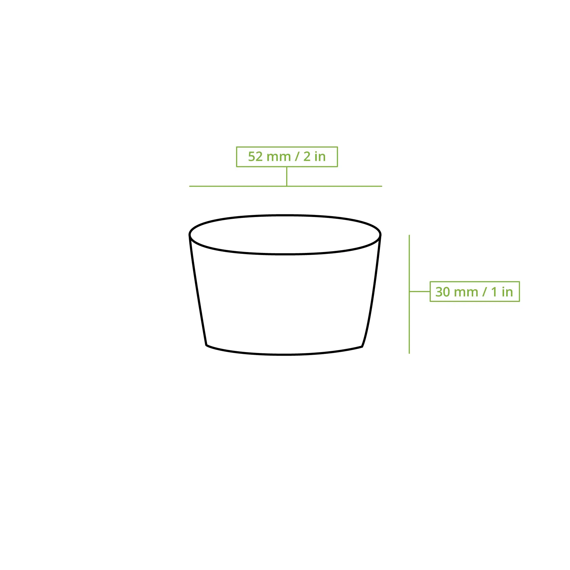 Disegno schematico di un bicchiere di carta conico con linee di dimensione; altezza 30 mm e diametro 52 mm.