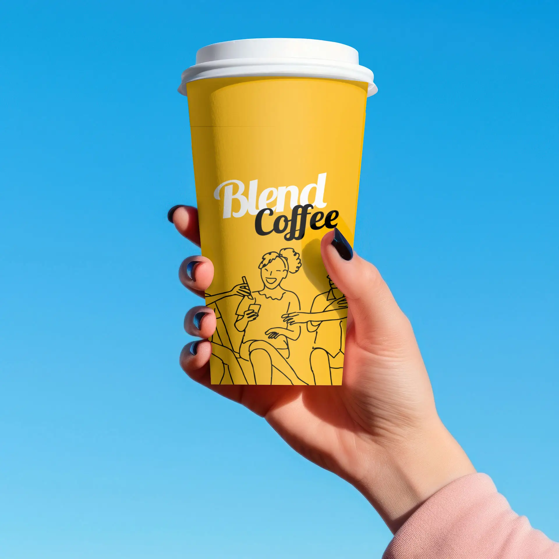 Una mano tiene un bicchiere di carta giallo con il logo "Blend Coffee" e un semplice disegno di due persone; cielo azzurro chiaro sullo sfondo.
