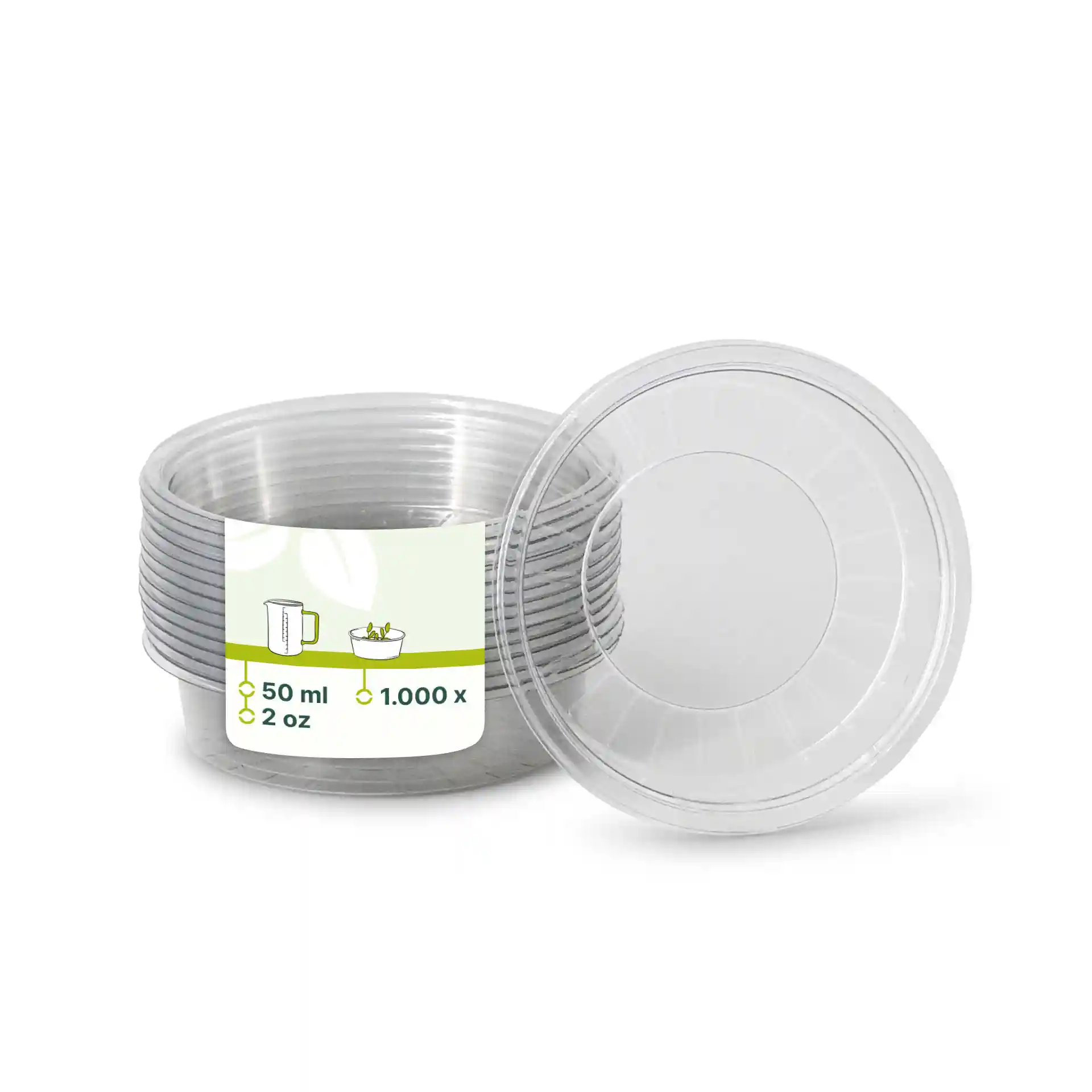 Vasi per salsa rPET trasparenti con un diametro di 75 mm, impilati con un'etichetta che mostra una capacità di 50 ml.