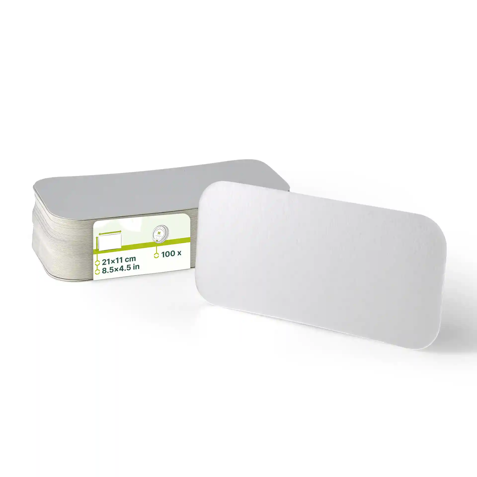 Pila di coperchi in cartone di alluminio rettangolari con un coperchio mostrato, dimensioni 21x11 cm.