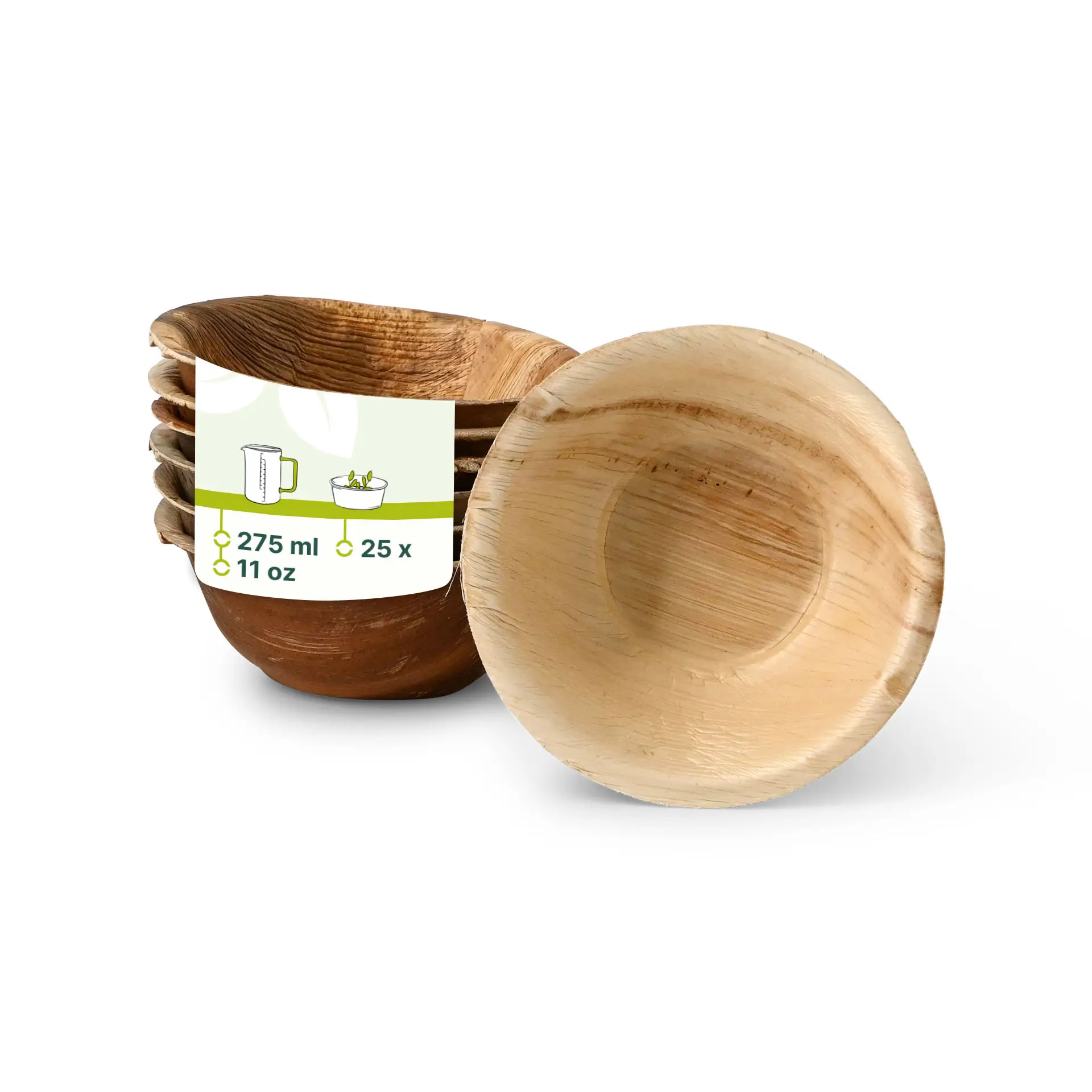 Una ciotola rotonda in foglia di palma, 275 ml, che mostra una venatura naturale con un'etichetta; diverse ciotole simili impilate dietro.