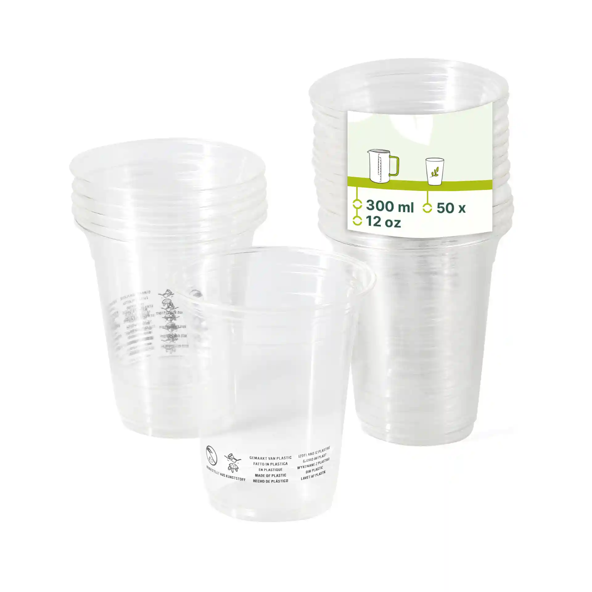 Bicchieri in plastica PLA trasparenti impilati, ciascuno con una capacità di 300 ml, con etichette sul lato.