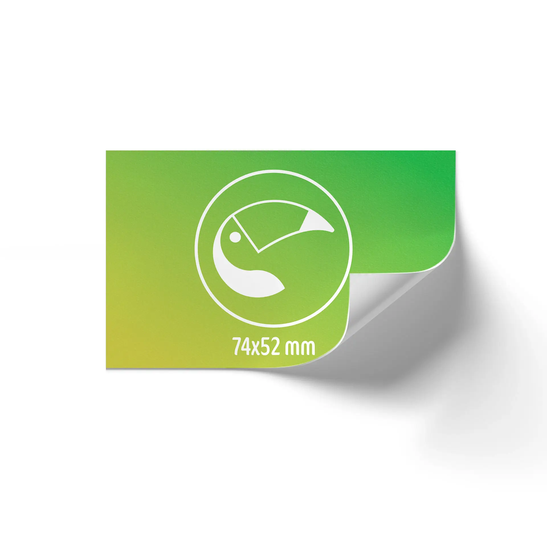 Rullo di etichette stampate personalizzate in gradiente verde con angoli arrotondati, dimensioni 74x52 mm e design grafico.
