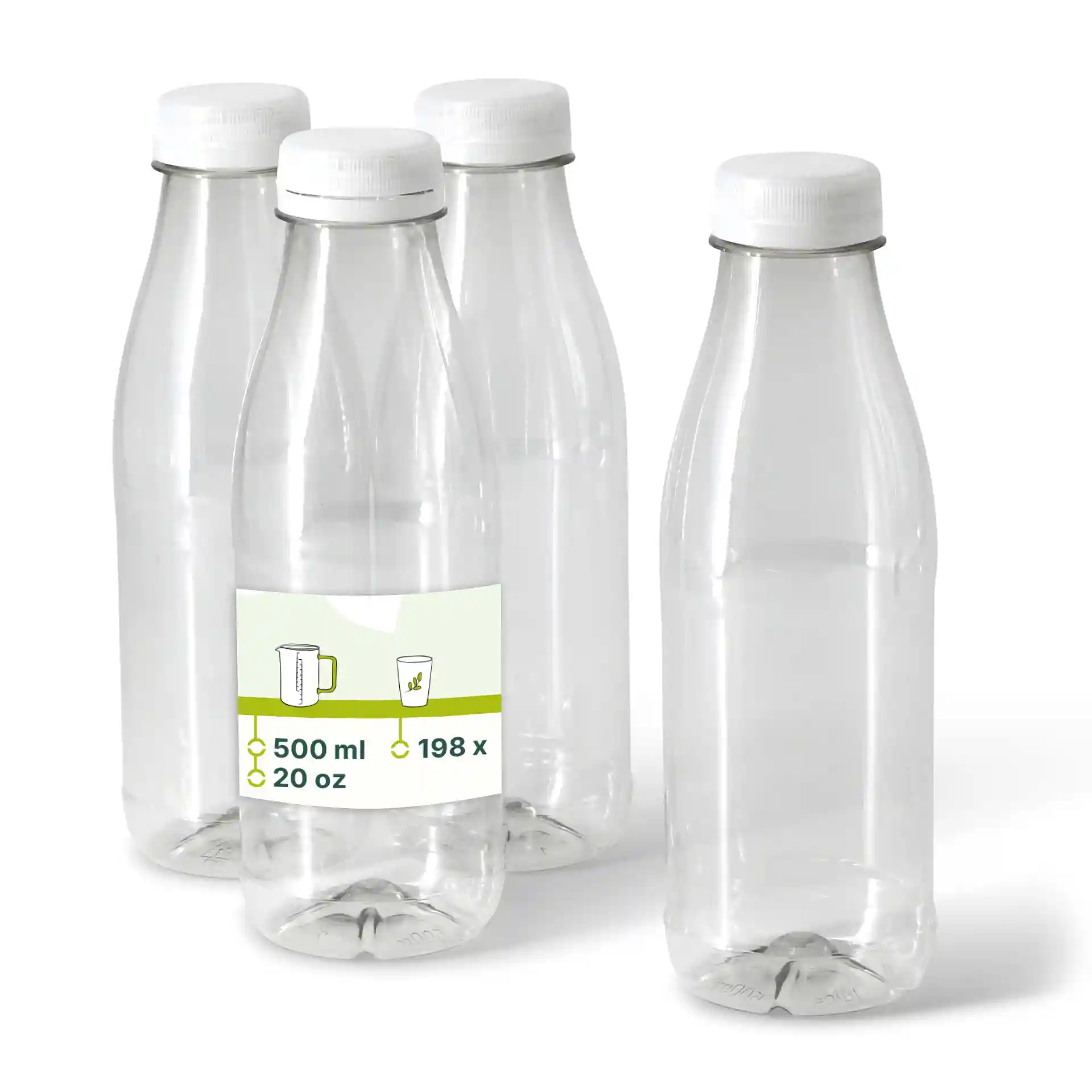 Quattro bottiglie rPET trasparenti con tappi bianchi, ciascuna da 500 ml, su uno sfondo semplice.