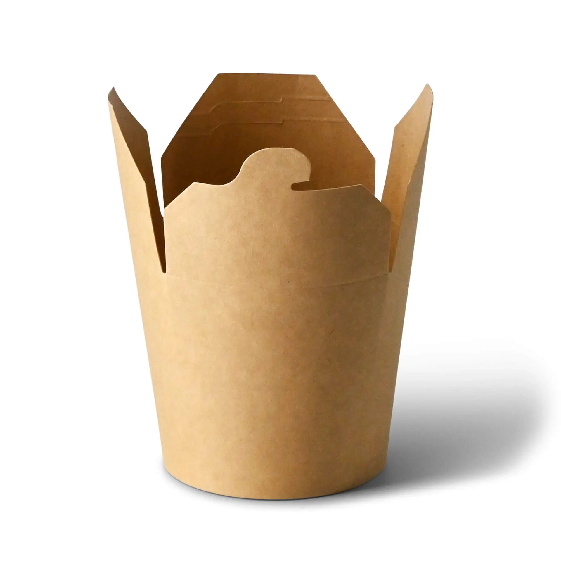 Un contenitore per alimenti in carta kraft con parte superiore aperta e bordi piegati. È cilindrico con una base solida.