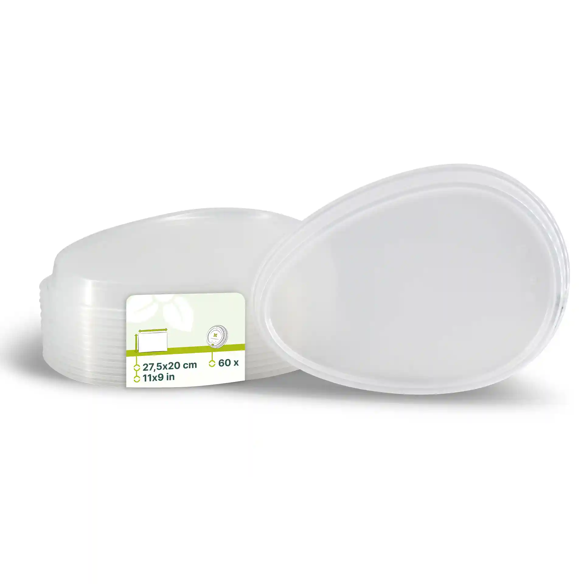 Coperchi riutilizzabili trasparenti impilati, con un'etichetta che mostra dimensioni e quantità.