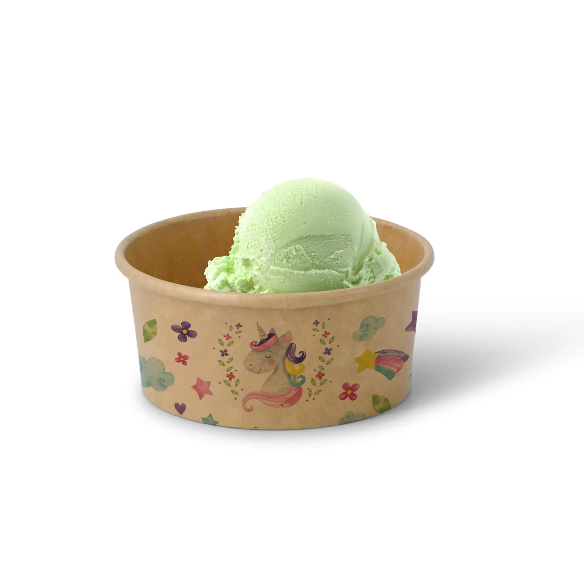 Levare il gelato verde in un coppa marrone decorata con unicorni colorati e stelle.
