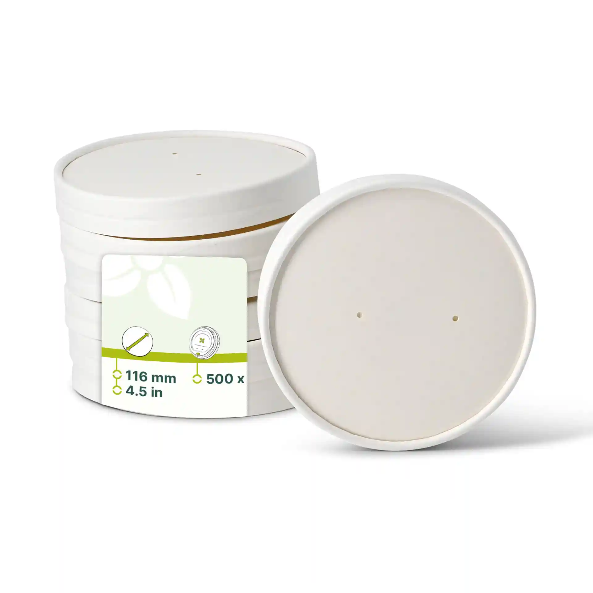 Coperchi rotondi in cartone bianco con un diametro di 116 mm, impilati con un coperchio leggermente inclinato.