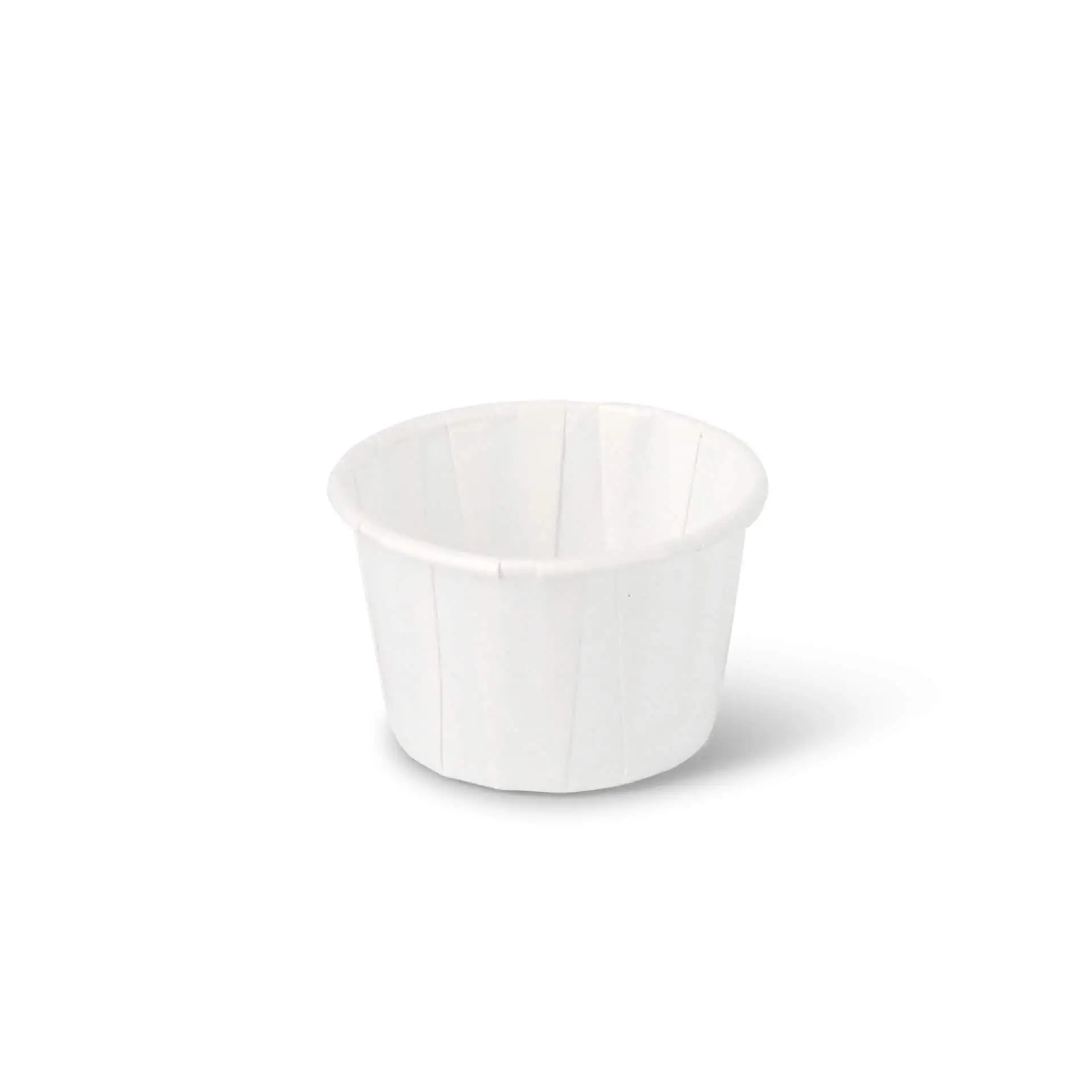 Bicchiere bianco a forma rotonda con scanalature verticali, adatto per salse e piccole porzioni, volume di 45 ml.