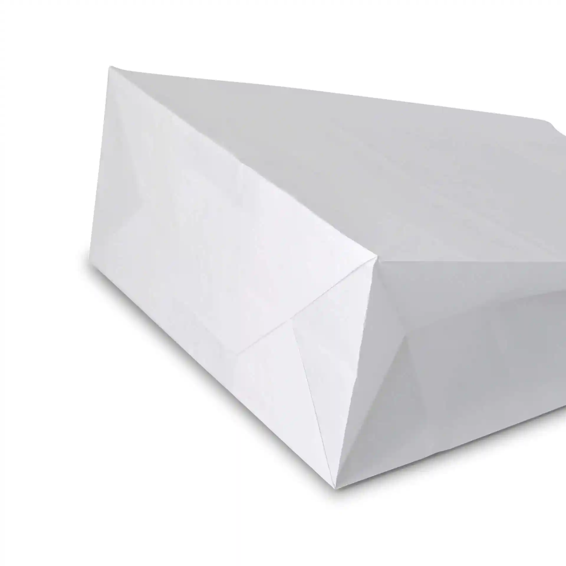 Borsa in carta kraft bianca con parte superiore triangolare, dimensioni 22 x 10 x 28 cm.