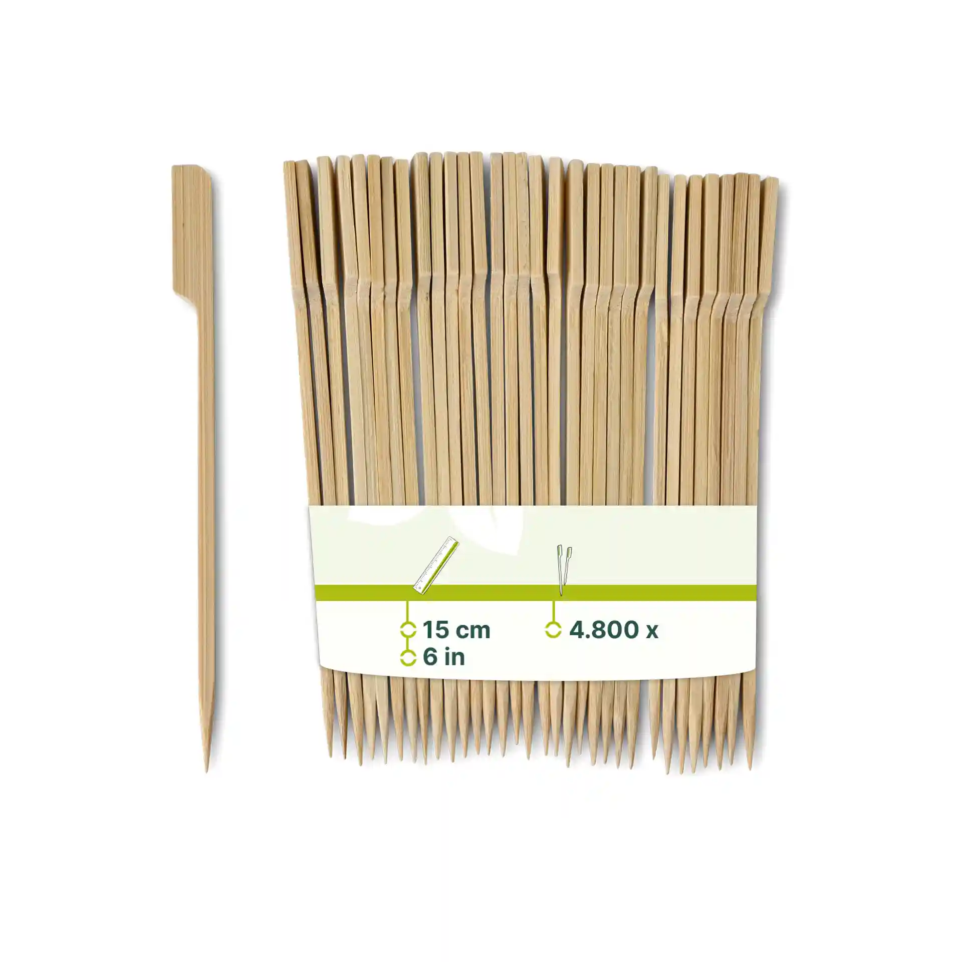 Spiedini in bambù, lunghi 15 cm, di colore marrone, mostrati in un mazzo con un'etichetta.