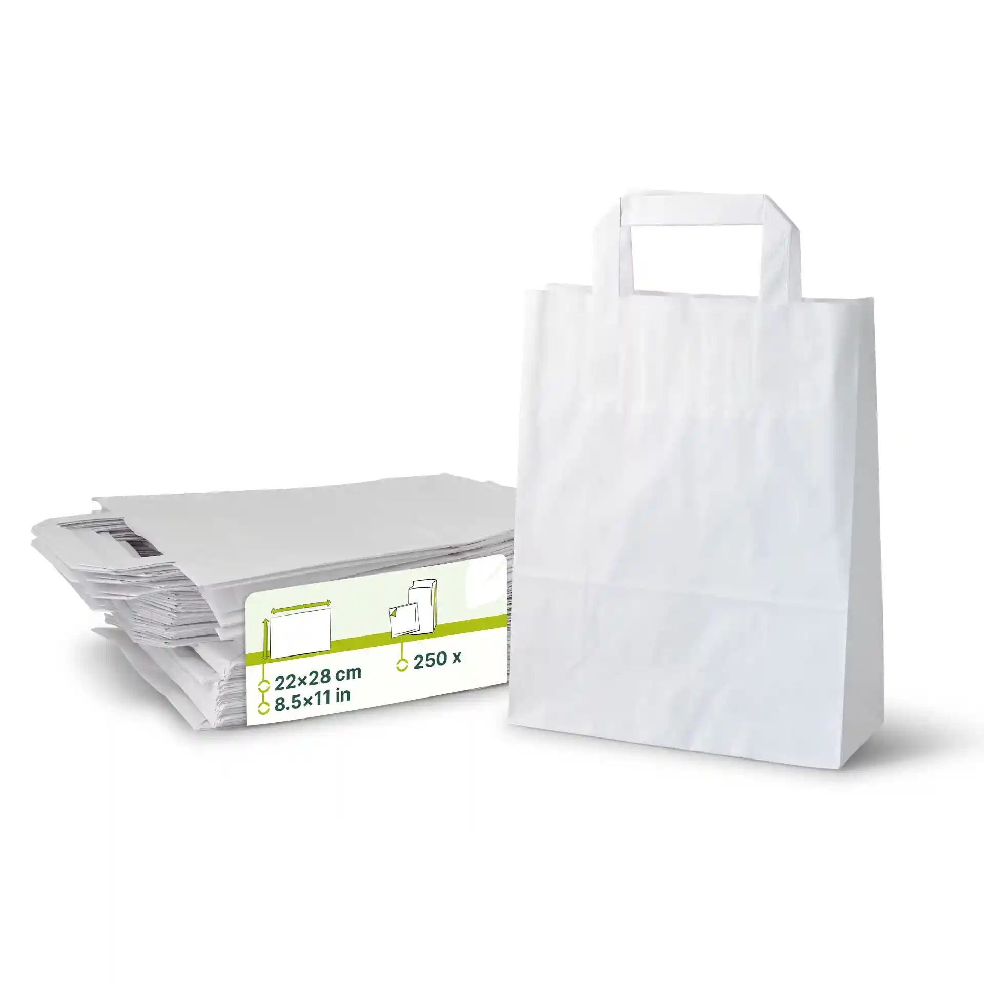 Borsa in carta kraft bianca con manico piatto, accanto a una pila di borse simili.