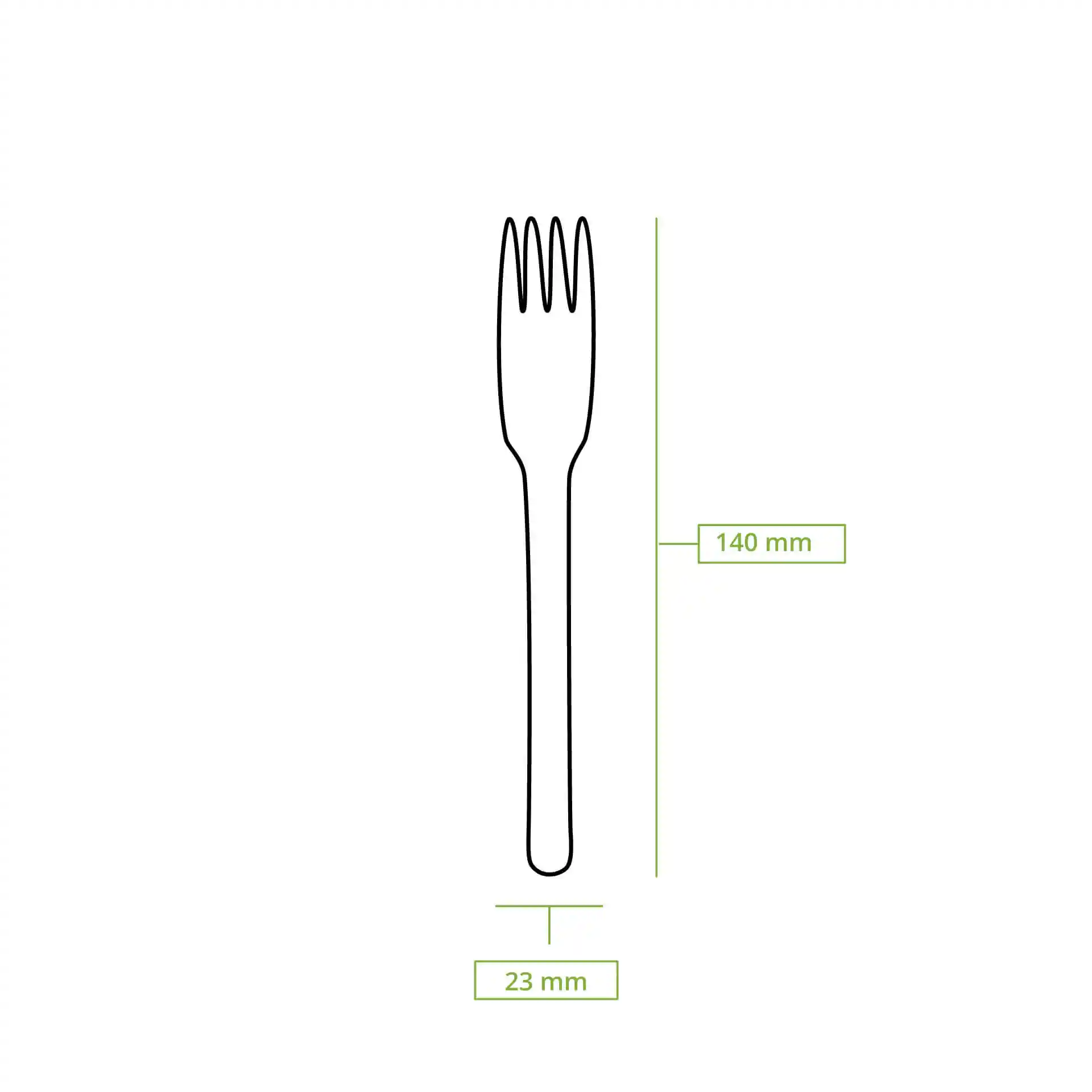 Disegno schematico di una forchetta da torta in legno, lunga 140 mm e larga 23 mm.