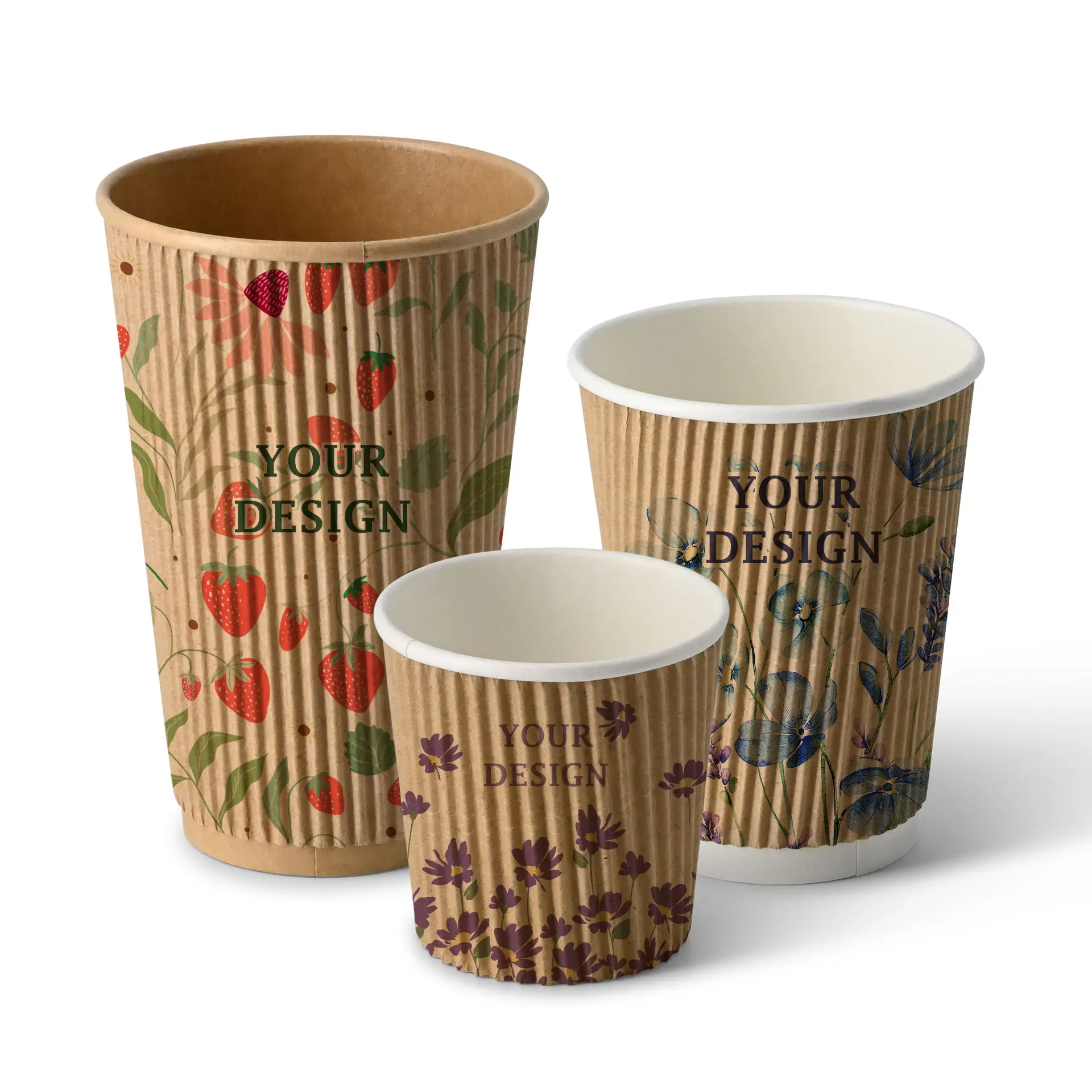 Bicchieri usa e getta a righe in tre formati; esterno marrone con disegni floreali, con testo 'IL TUO DESIGN'.