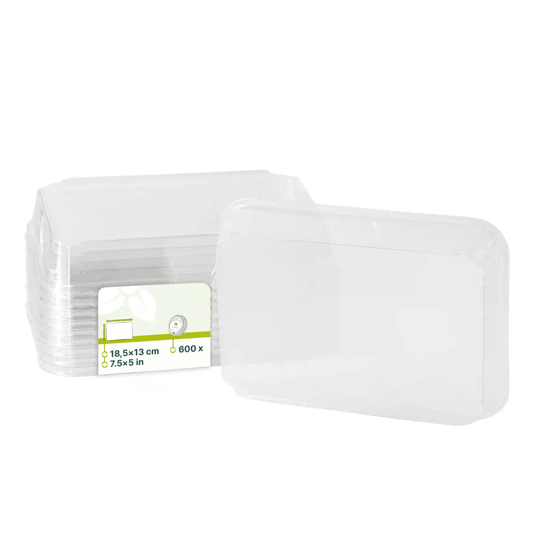Coperchi in PET trasparenti per scatole di sushi, misurano 18,5 x 13 cm, impilati con un'etichetta che mostra le dimensioni.