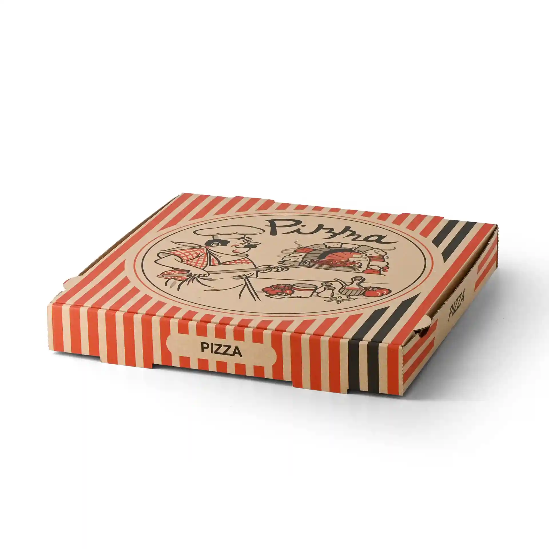 Scatola per pizza con design di chef pizzaiolo, marrone con strisce rosse e nere, misura 30 x 30 x 4 cm.