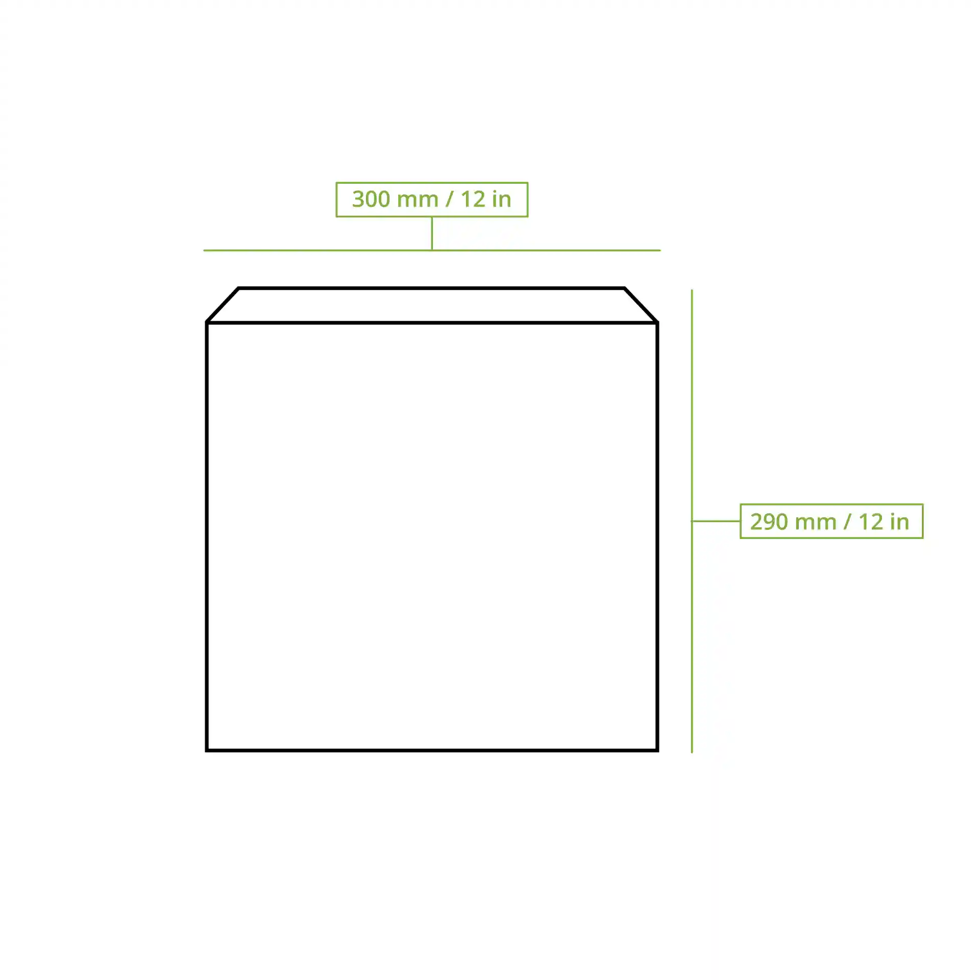 Disegno schematico di una busta di carta piatta con dimensioni di 300 mm per 290 mm, mostrato con linee di misura.