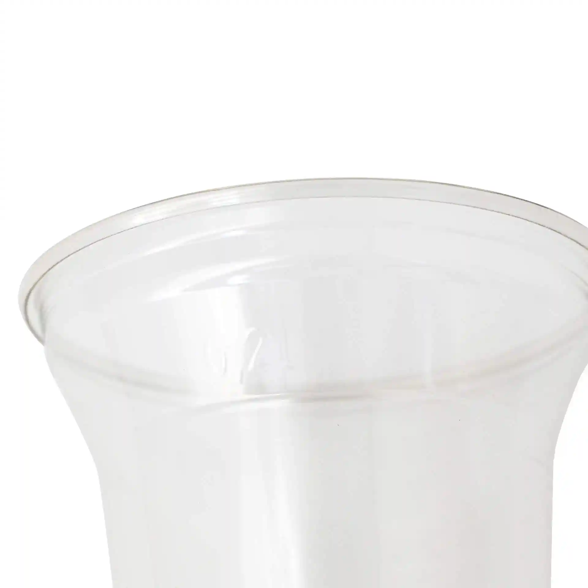 Bicchiere rPET trasparente da 8 oz con un diametro di 95 mm e un'altezza di 96 mm, mostra il bordo superiore.