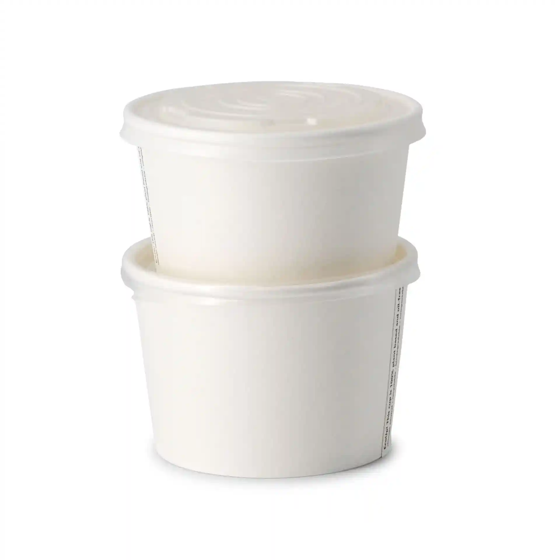 Due contenitori per zuppa in carta bianca impilati con coperchi, forma rotonda, capacità di 12 oz, in cartone.
