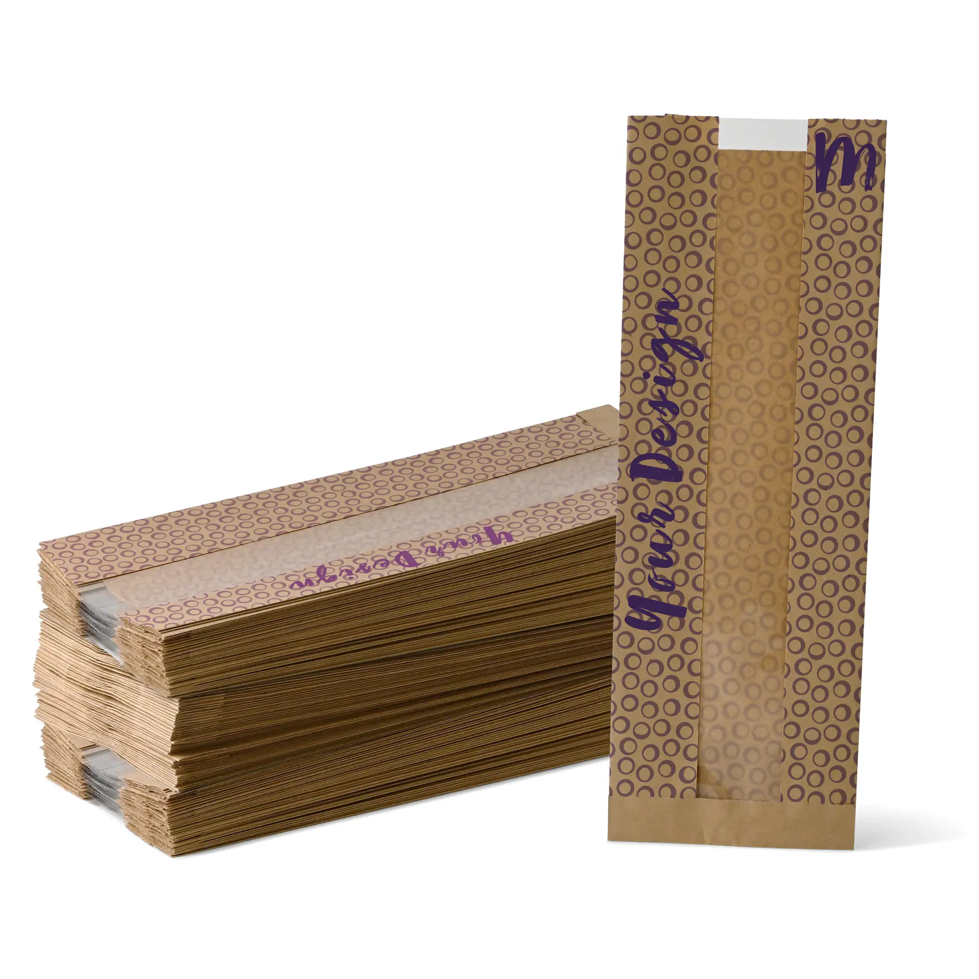 Sacchetto di carta per pane con finestra stampato, misura M - 14 × 7 × 41 cm, marrone