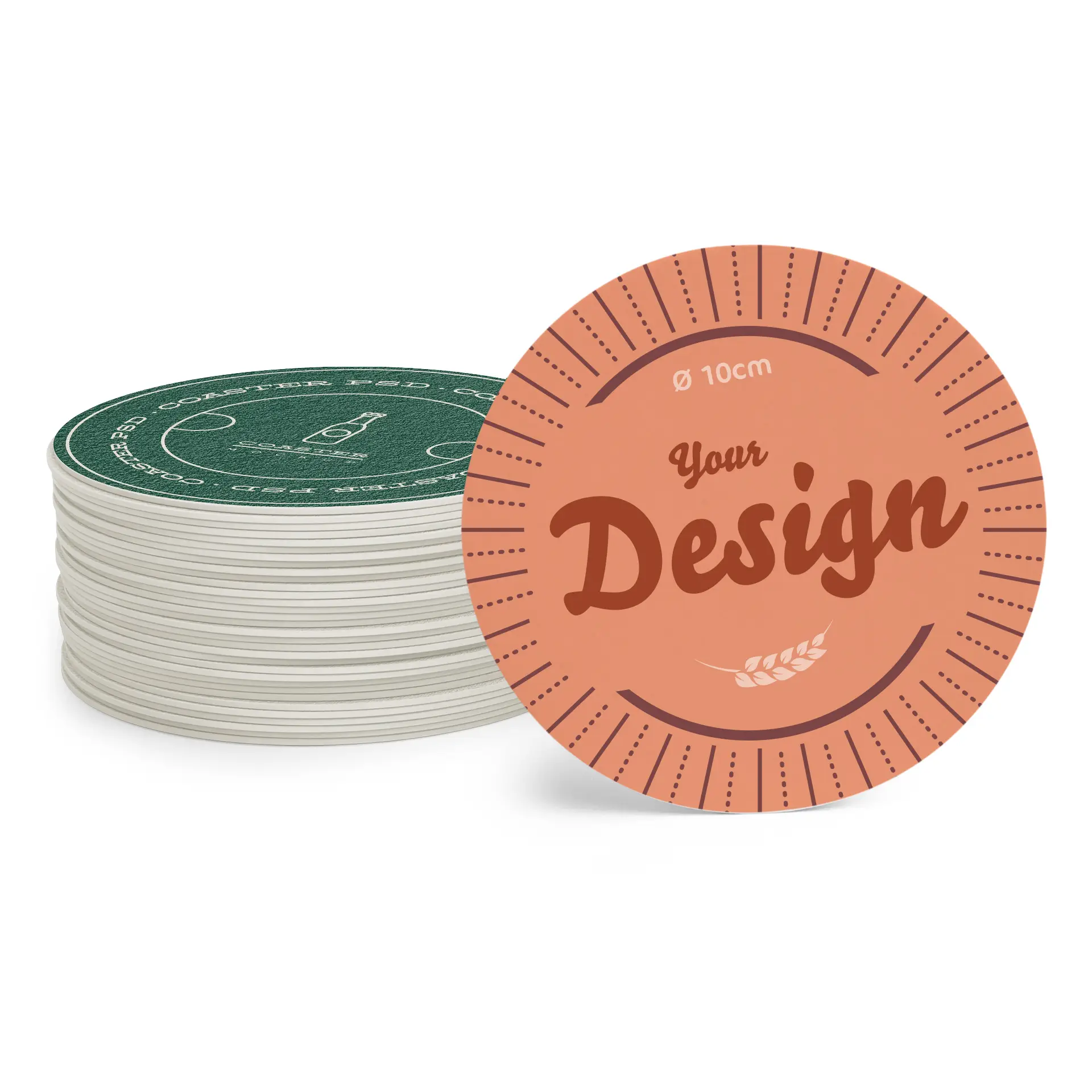 Pila di sottobicchieri stampati con un design rotondo di 10 cm e stampa personalizzabile su uno sfondo pesca.