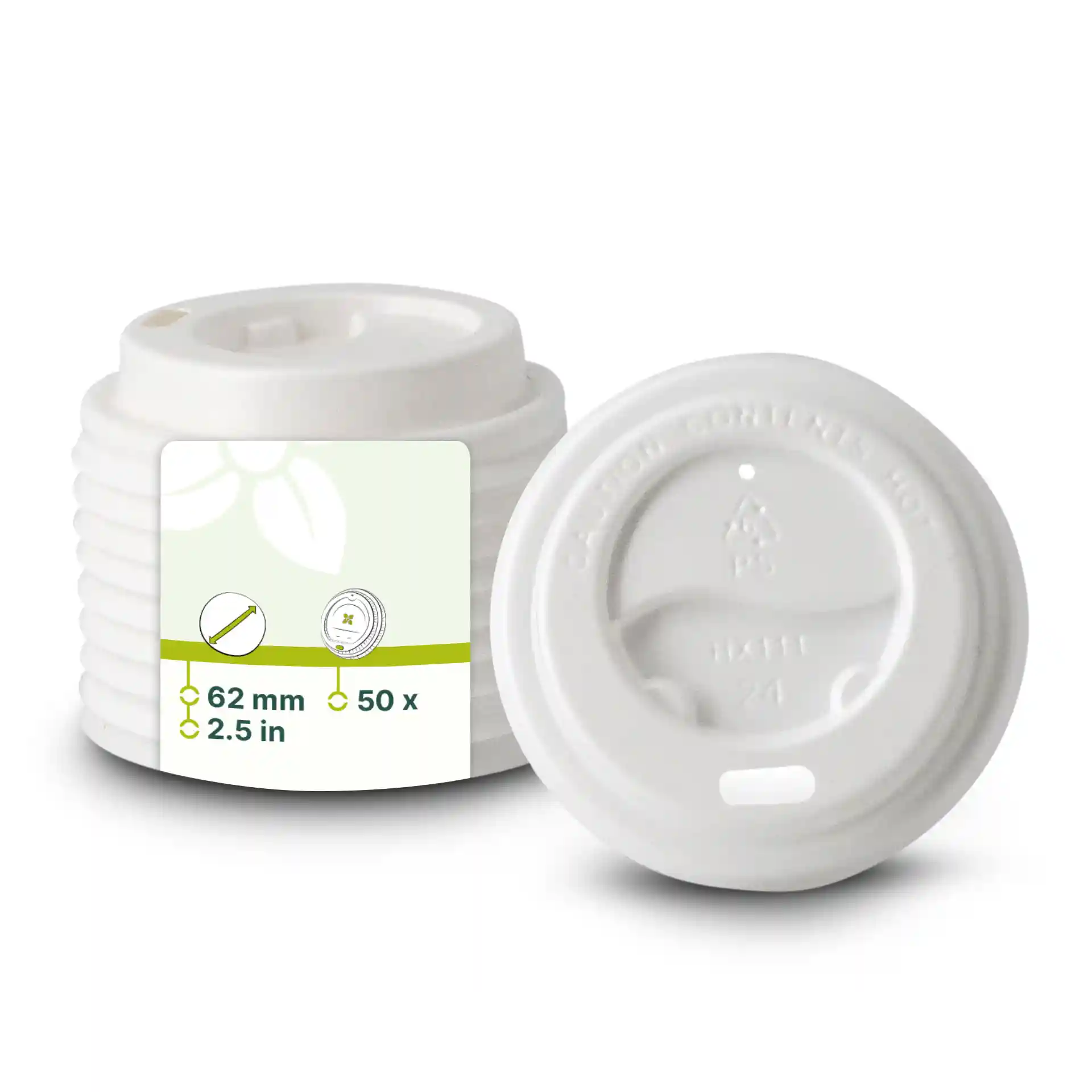 Coperchio rotondo in PS bianco con foro per bere, diametro 62 mm, mostrato con un'etichetta con i dettagli del prodotto.