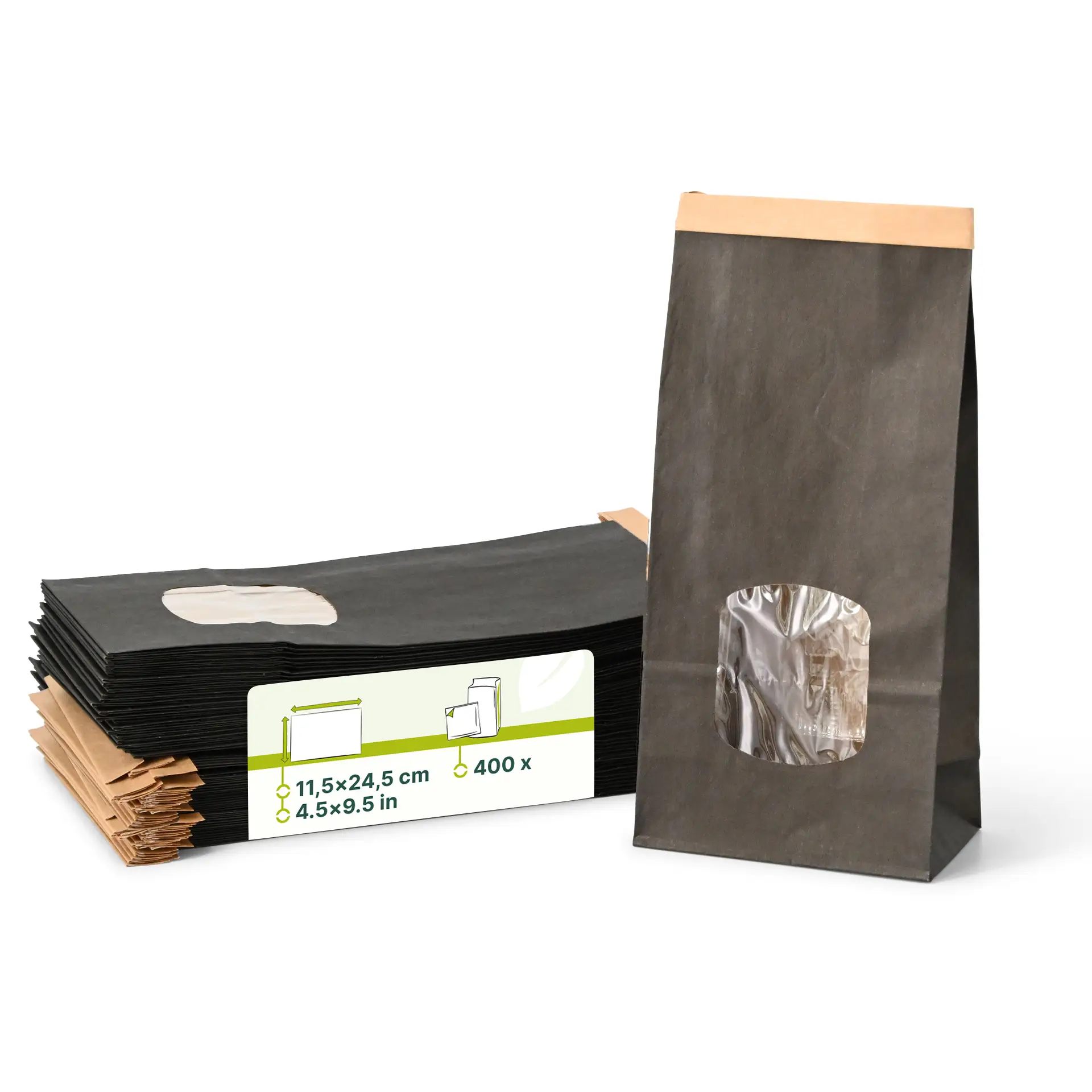 Blockbeutel M, 11,5 x 7 x 24,5 cm, PP-Folie, schwarz, Clipband, Kraftpapier