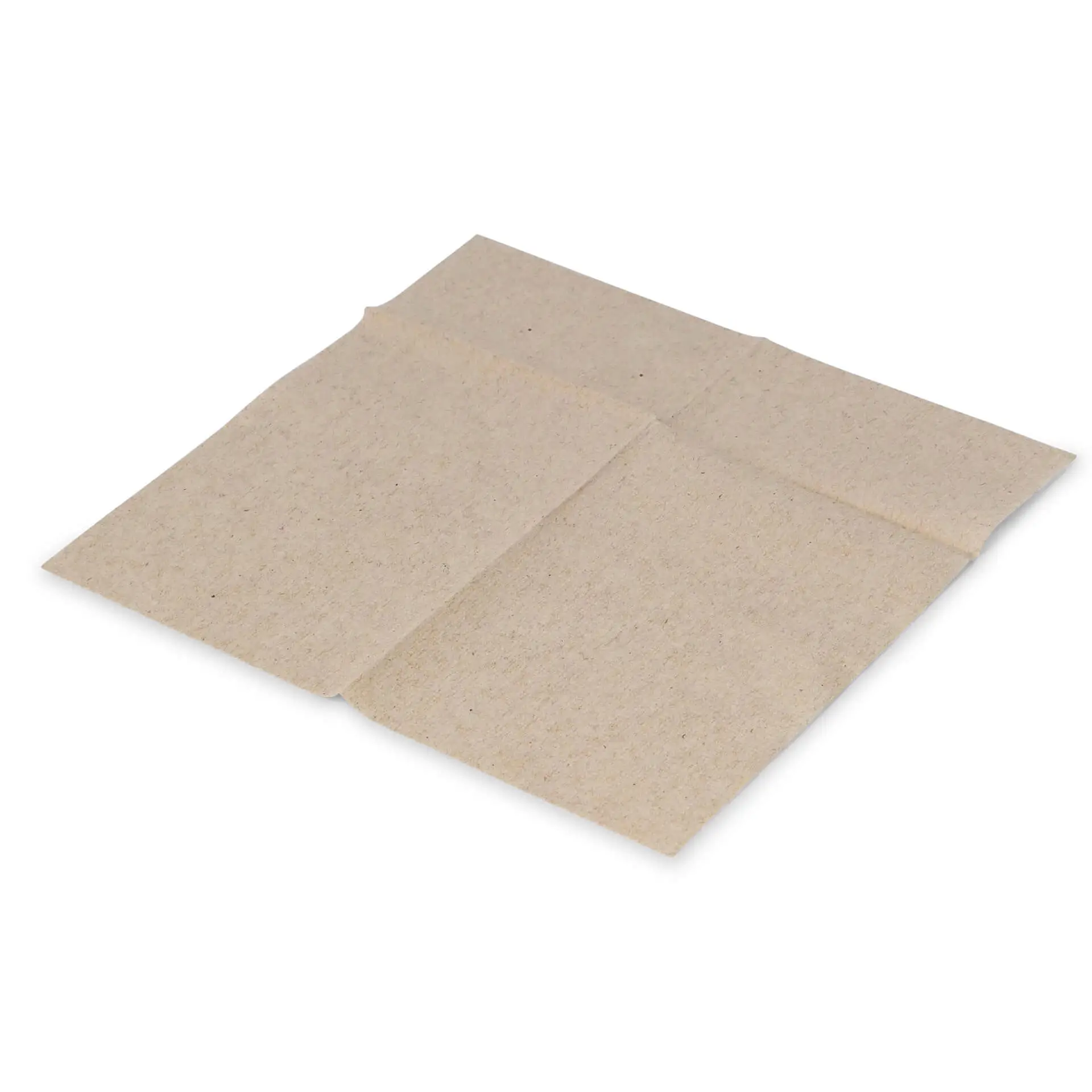 Tovagliolo di carta rettangolare non sbiancato, 12 x 8,5 cm, piegato, con simbolo di riciclo stampato.