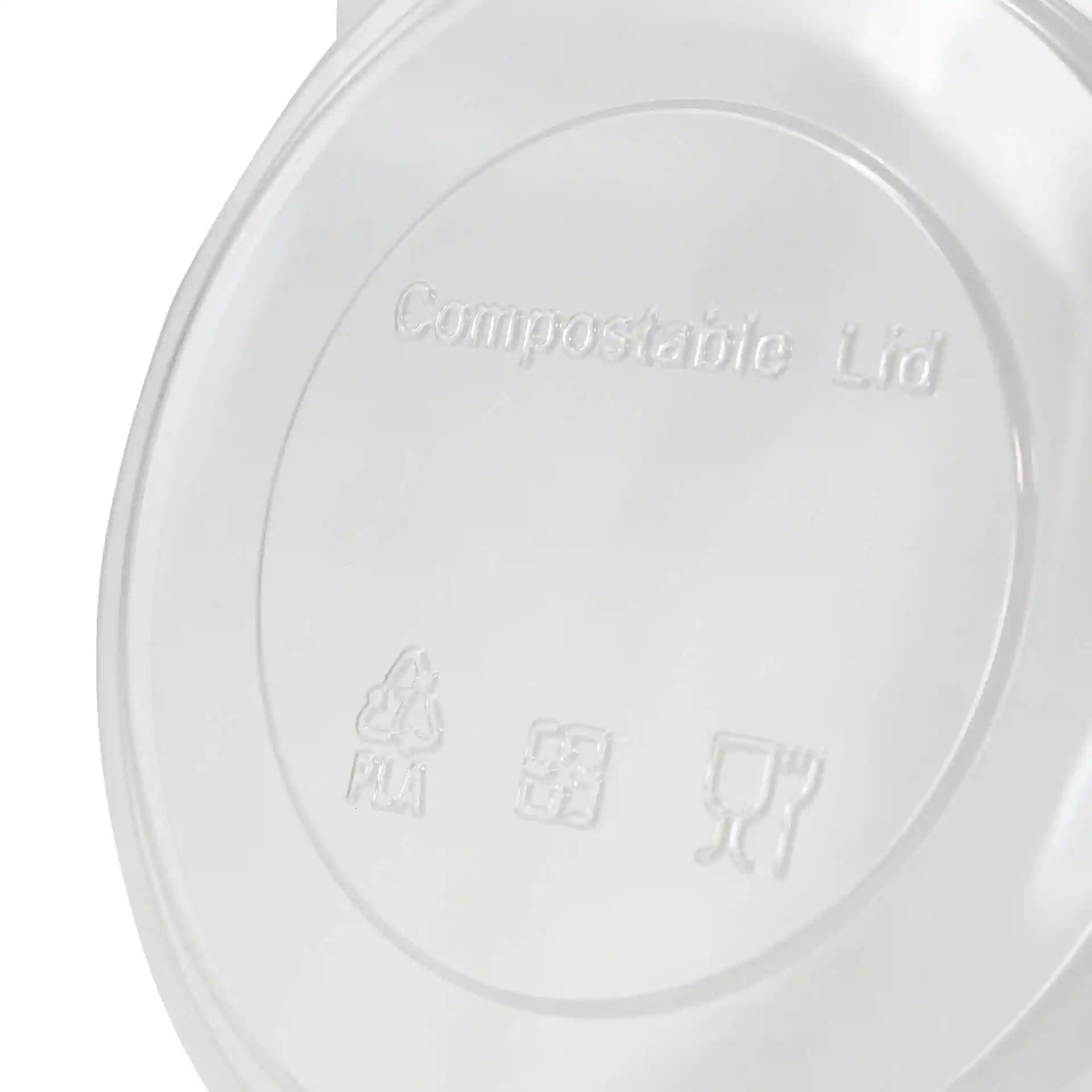 Coperchio in PLA trasparente con un diametro di 150 mm, con simboli in rilievo e il testo "Coperchio compostabile".
