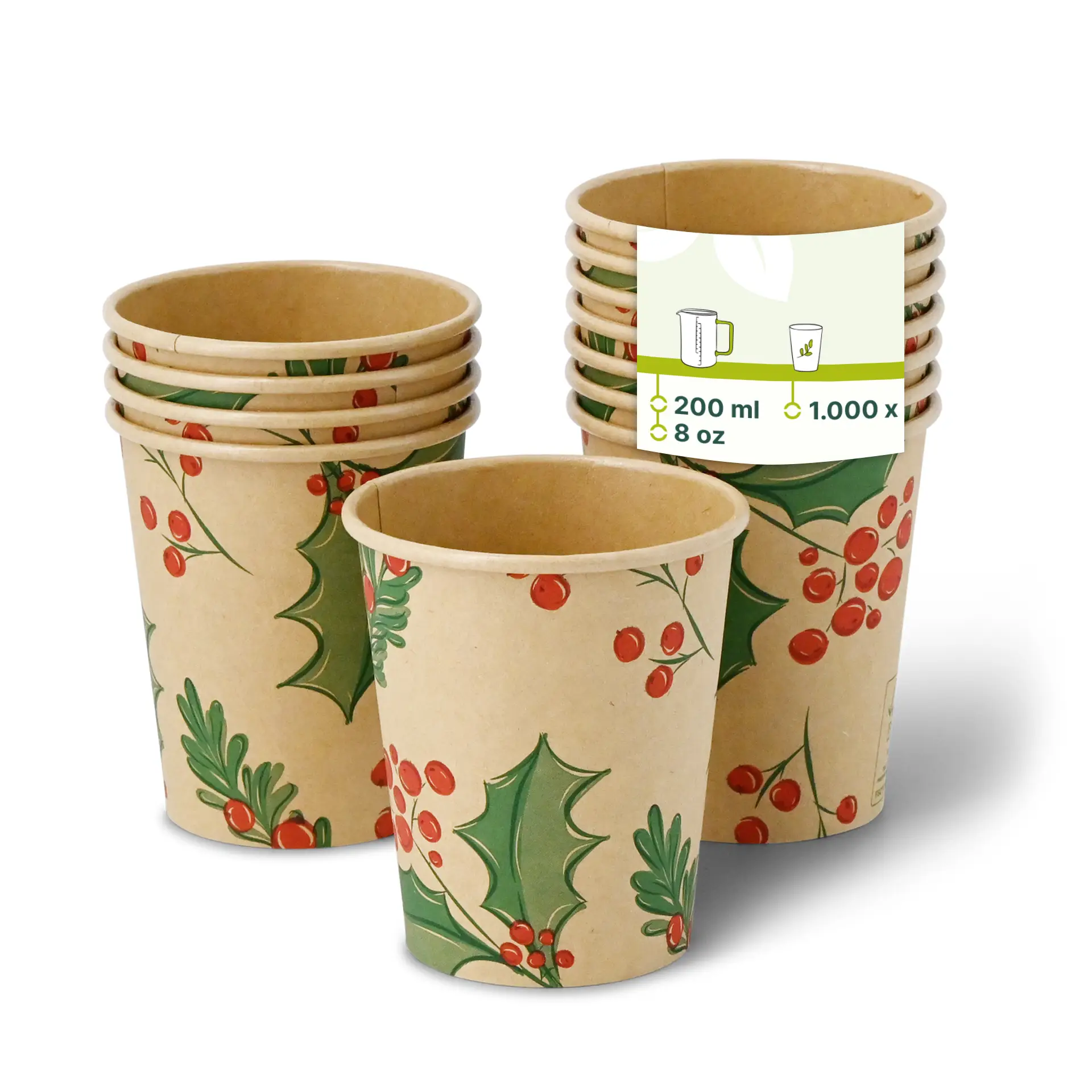 Pappbecher Winter "Zweige" 200 ml / 8 oz, Ø 80 mm, ungebleicht