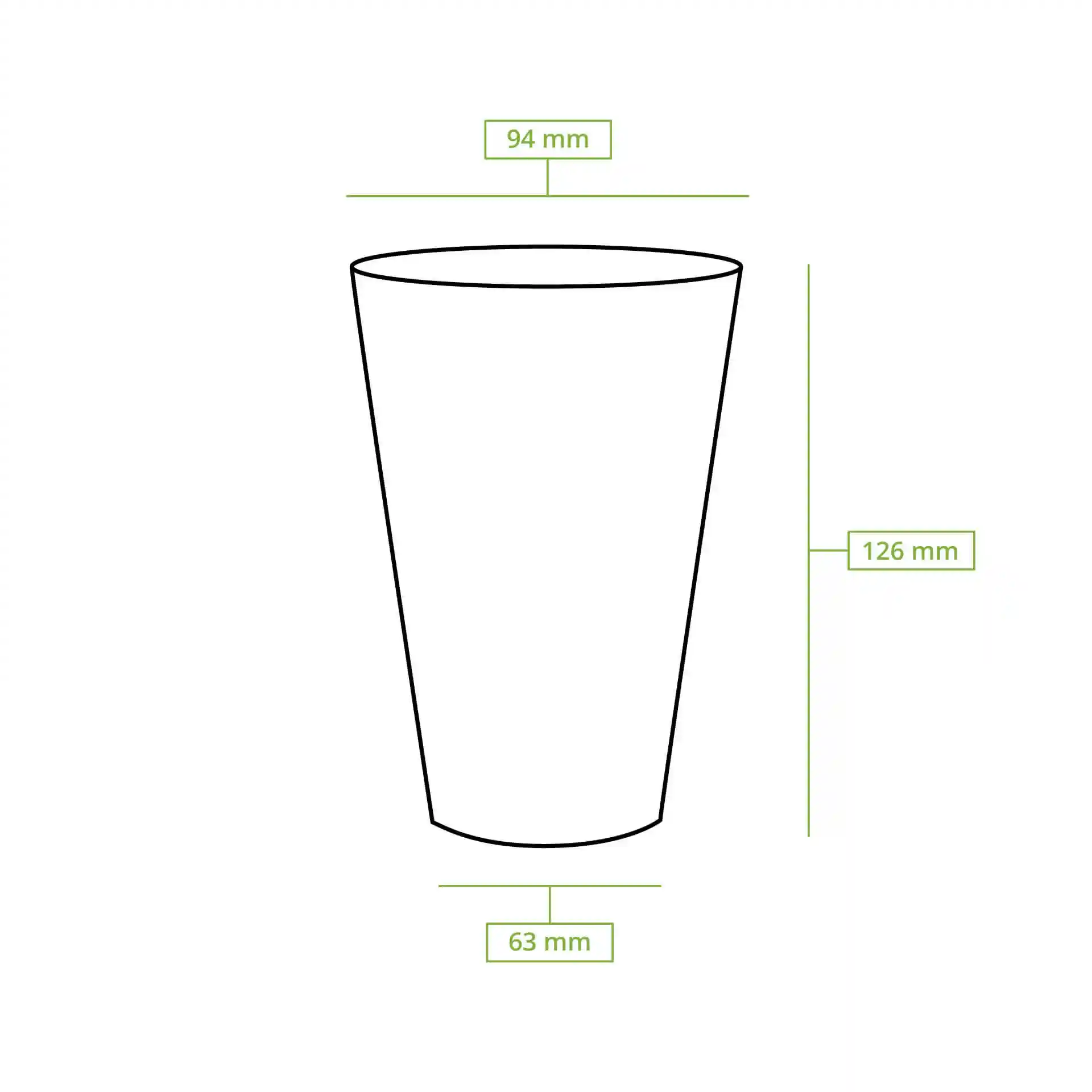 Disegno schematico di un bicchiere in plastica con dimensioni: altezza 126 mm, diametro superiore 95 mm, diametro inferiore 63 mm.