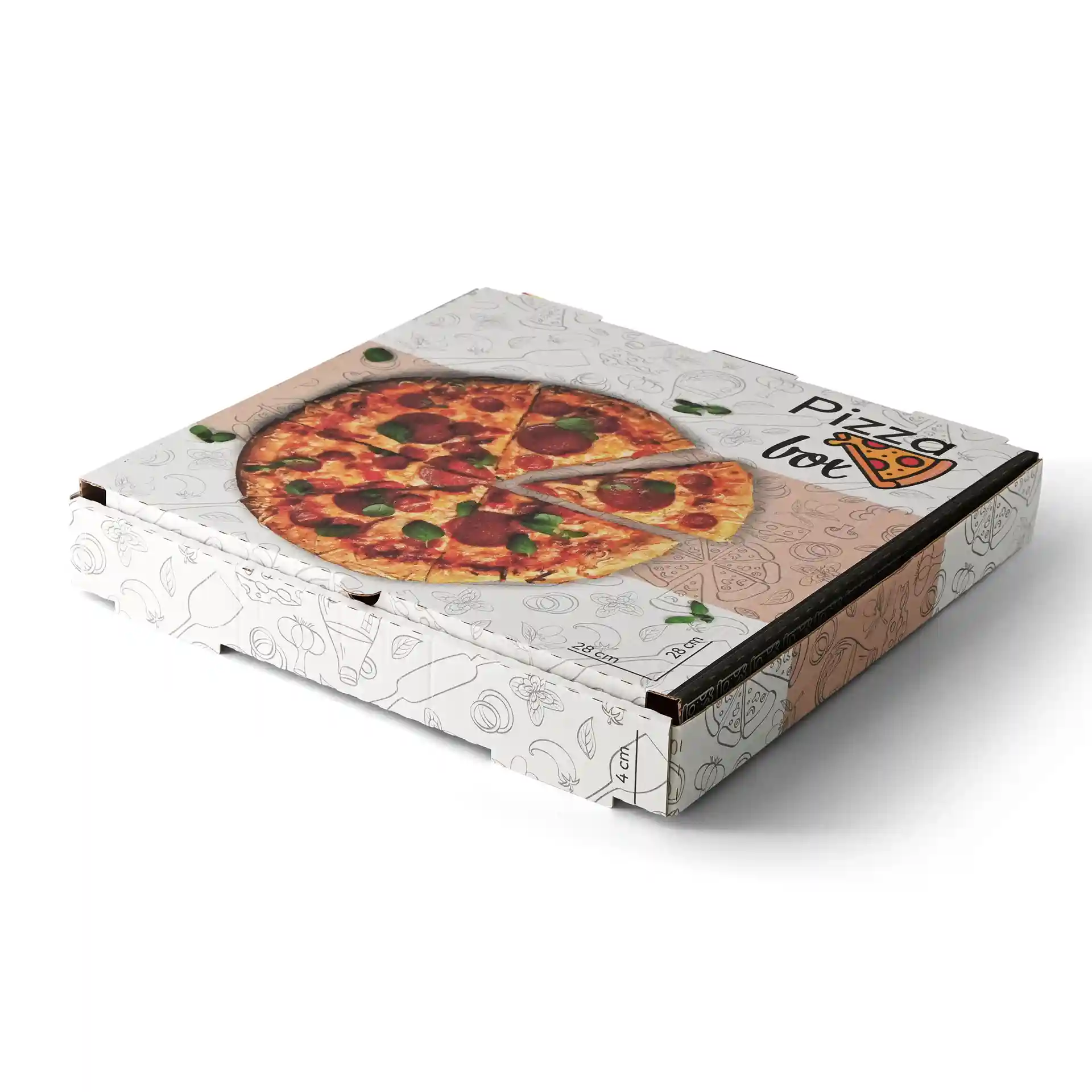 Scatola per pizza con design stampato, misura 28 x 28 x 4 cm, con un'immagine di una pizza sopra.